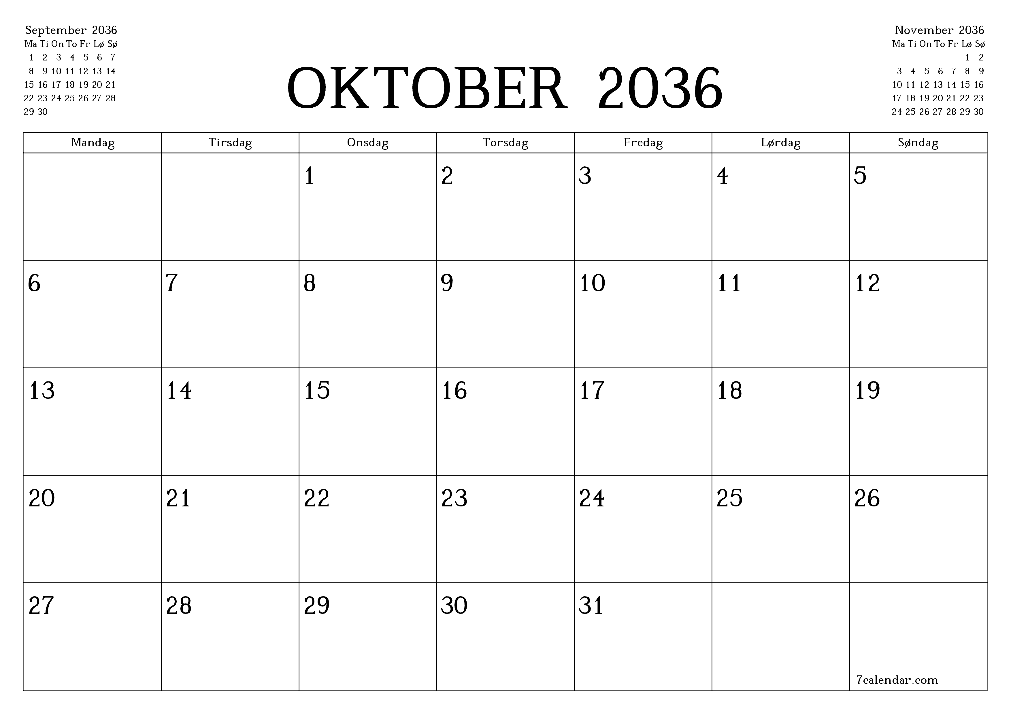 Tom månedlig planlægning for måned Oktober 2036 med noter, gem og udskriv til PDF PNG Danish