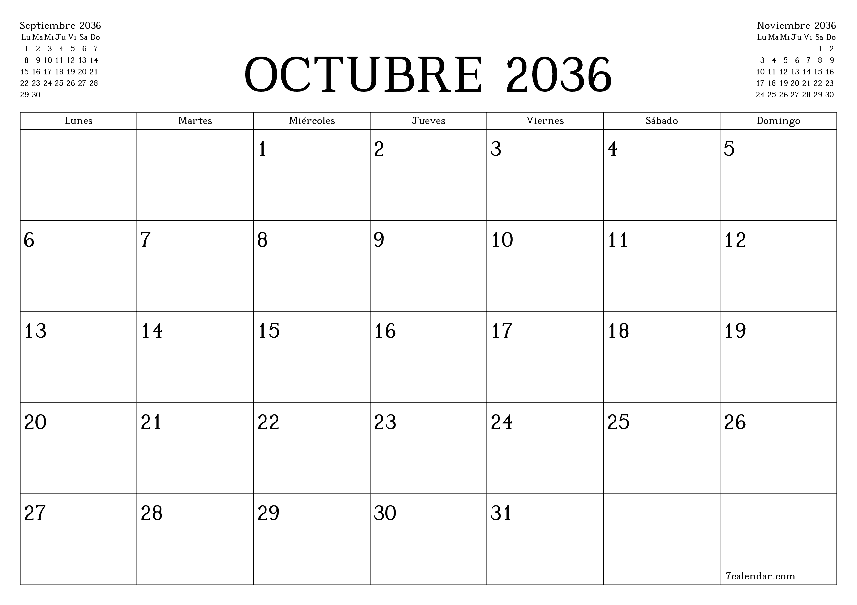 Planificador mensual vacío para el mes Octubre 2036 con notas, guardar e imprimir en PDF PNG Spanish
