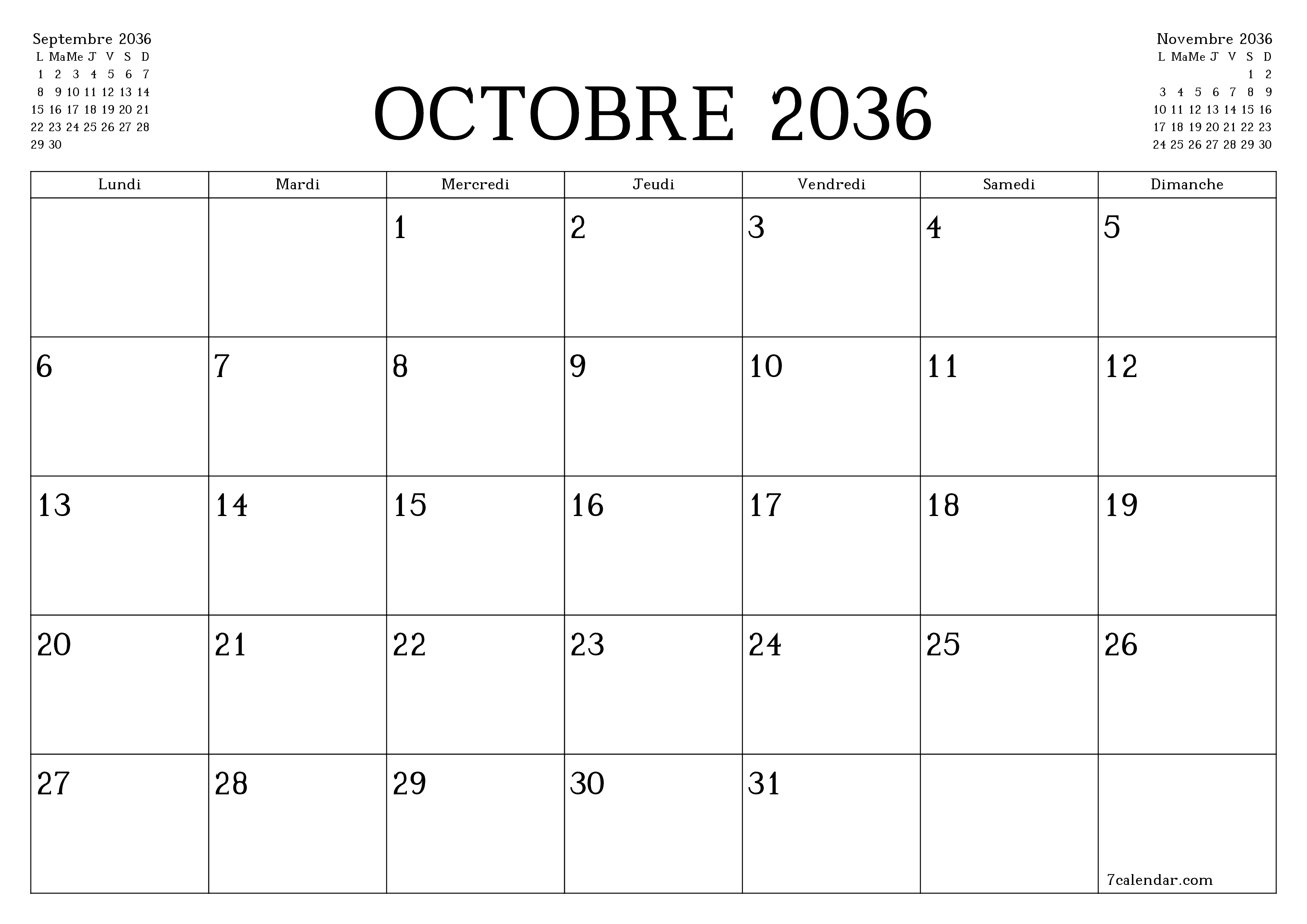 Agenda mensuel vide pour le mois Octobre 2036 avec notes, enregistrez et imprimez au format PDF PNG French