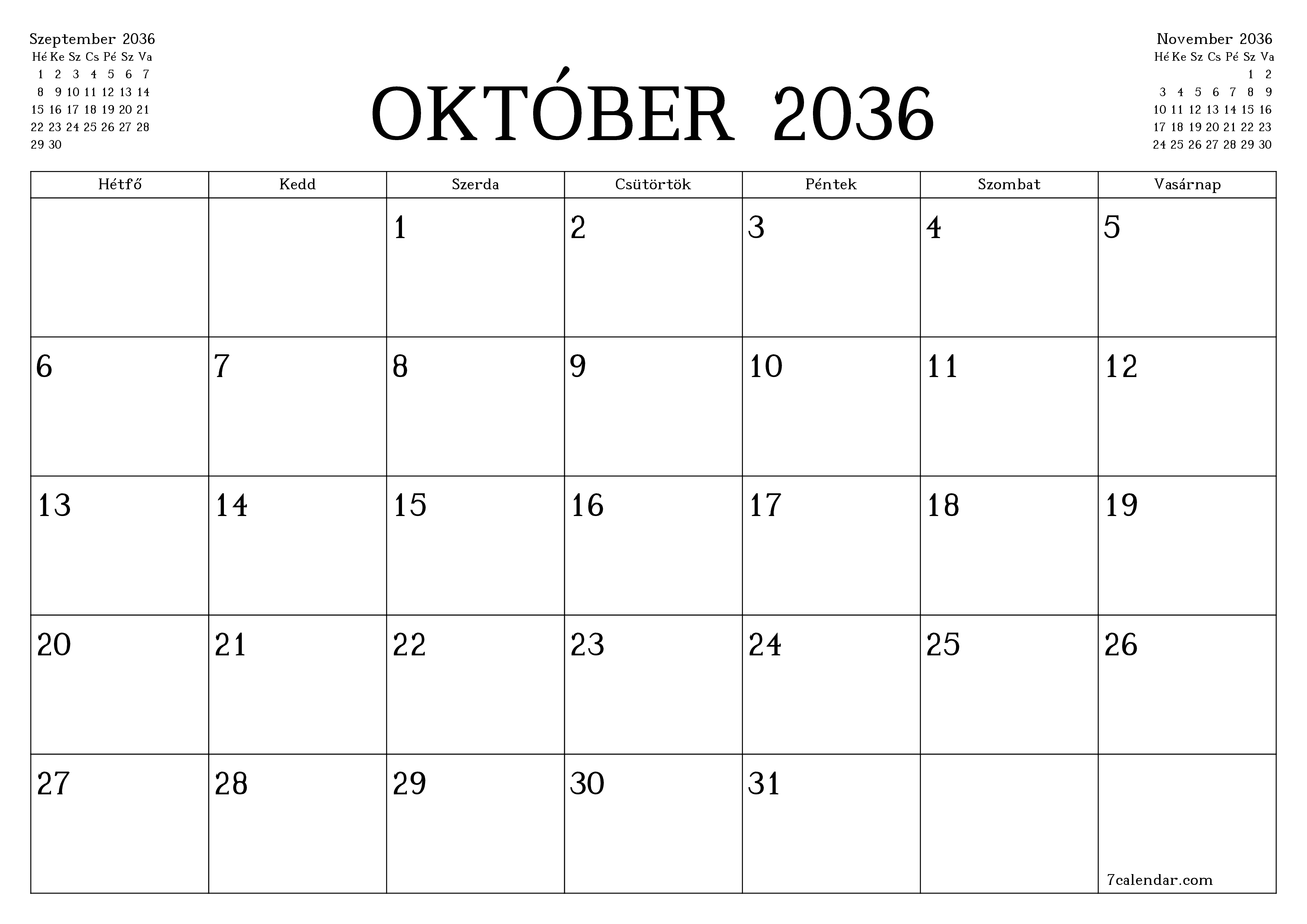 Üres havi tervező a Október 2036 hónapra jegyzetekkel, mentés és nyomtatás PDF-be PNG Hungarian