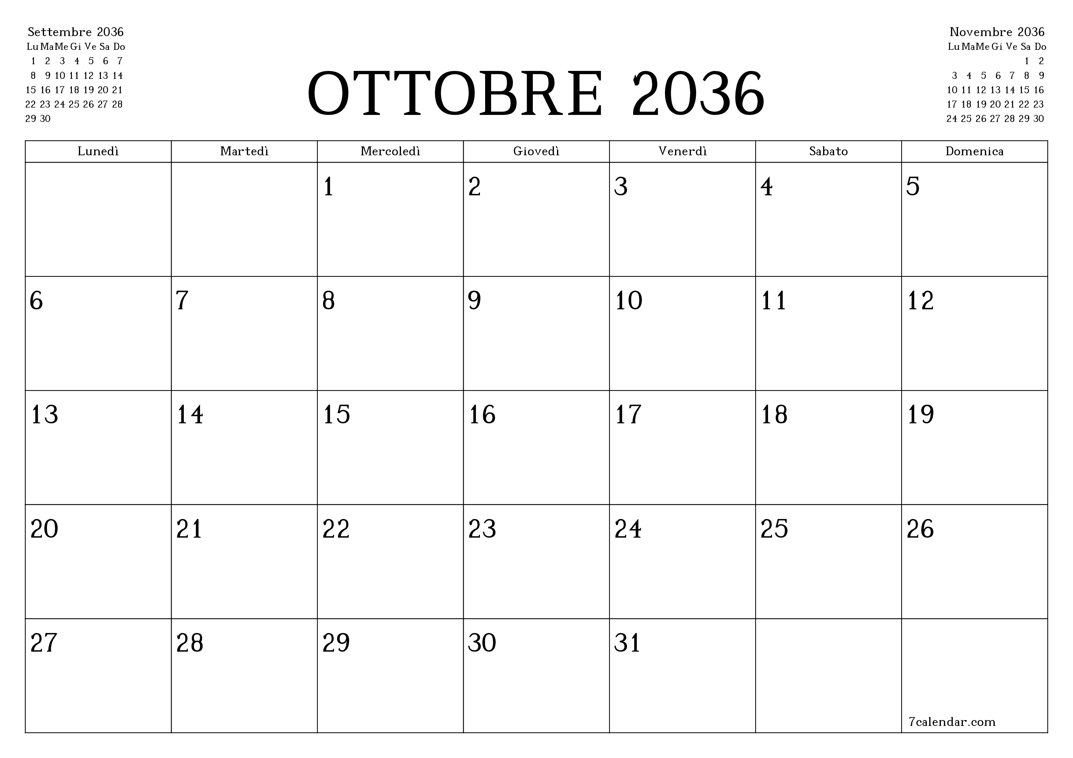 Pianificatore mensile vuoto per il mese Ottobre 2036 con note, salva e stampa in PDF PNG Italian