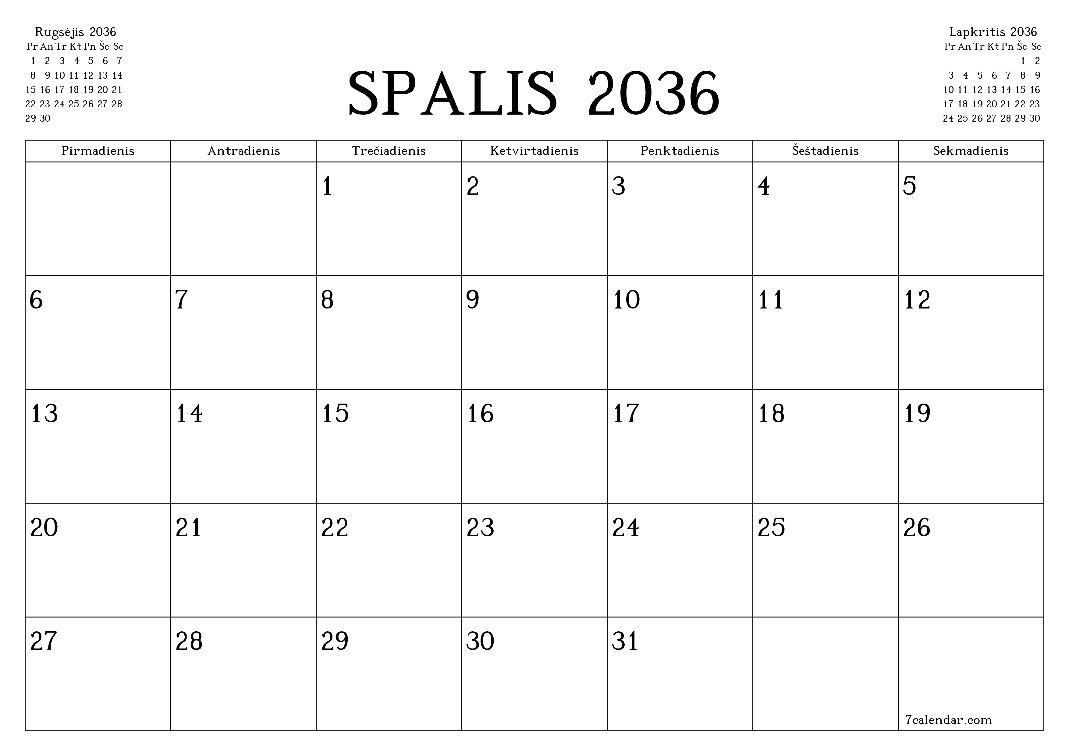 Ištuštinti mėnesio Spalis 2036 mėnesio planavimo priemonę su užrašais, išsaugoti ir atsispausdinti PDF formate PNG Lithuanian