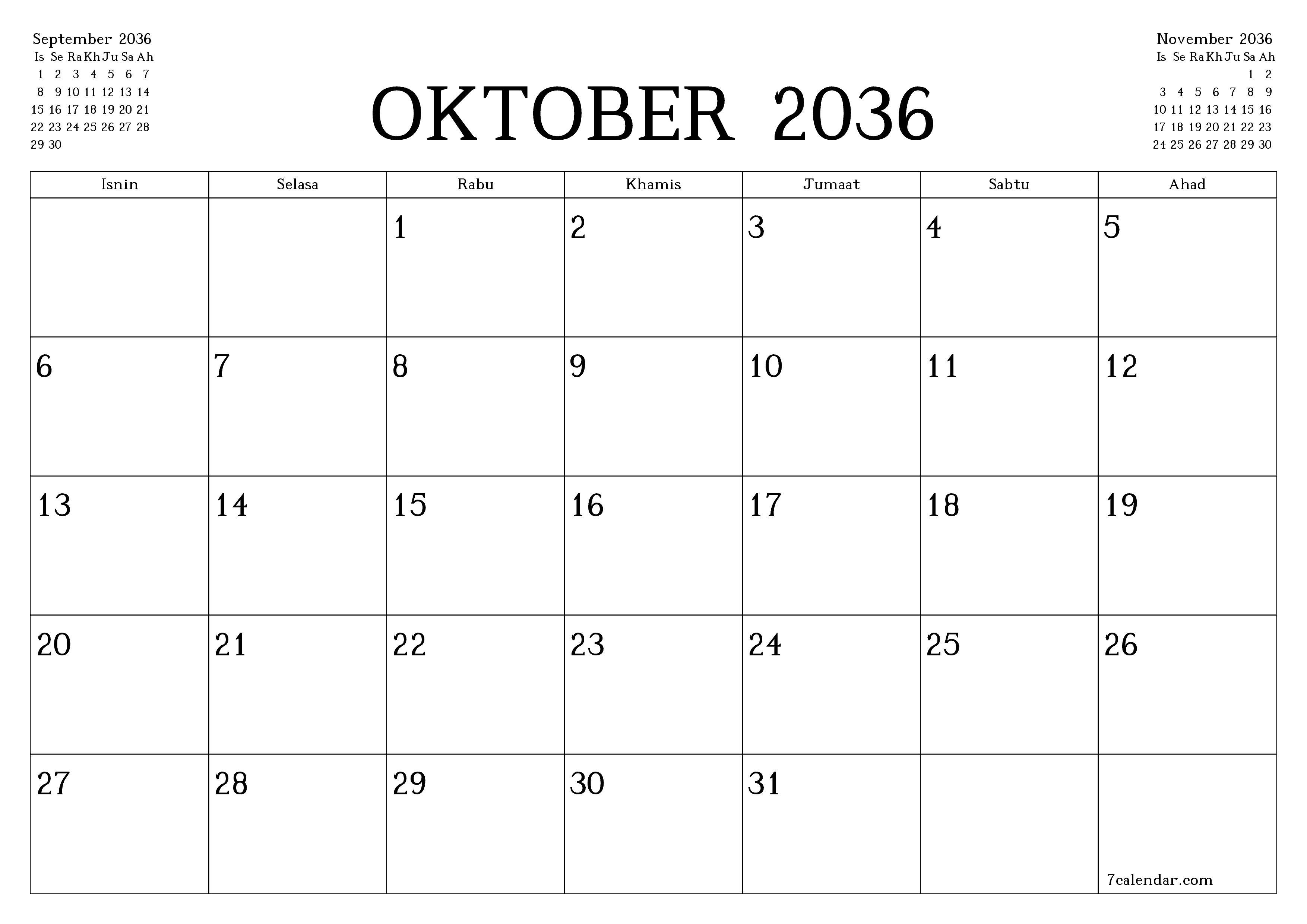 Perancang bulanan kosong untuk bulan Oktober 2036 dengan nota, simpan dan cetak ke PDF PNG Malay
