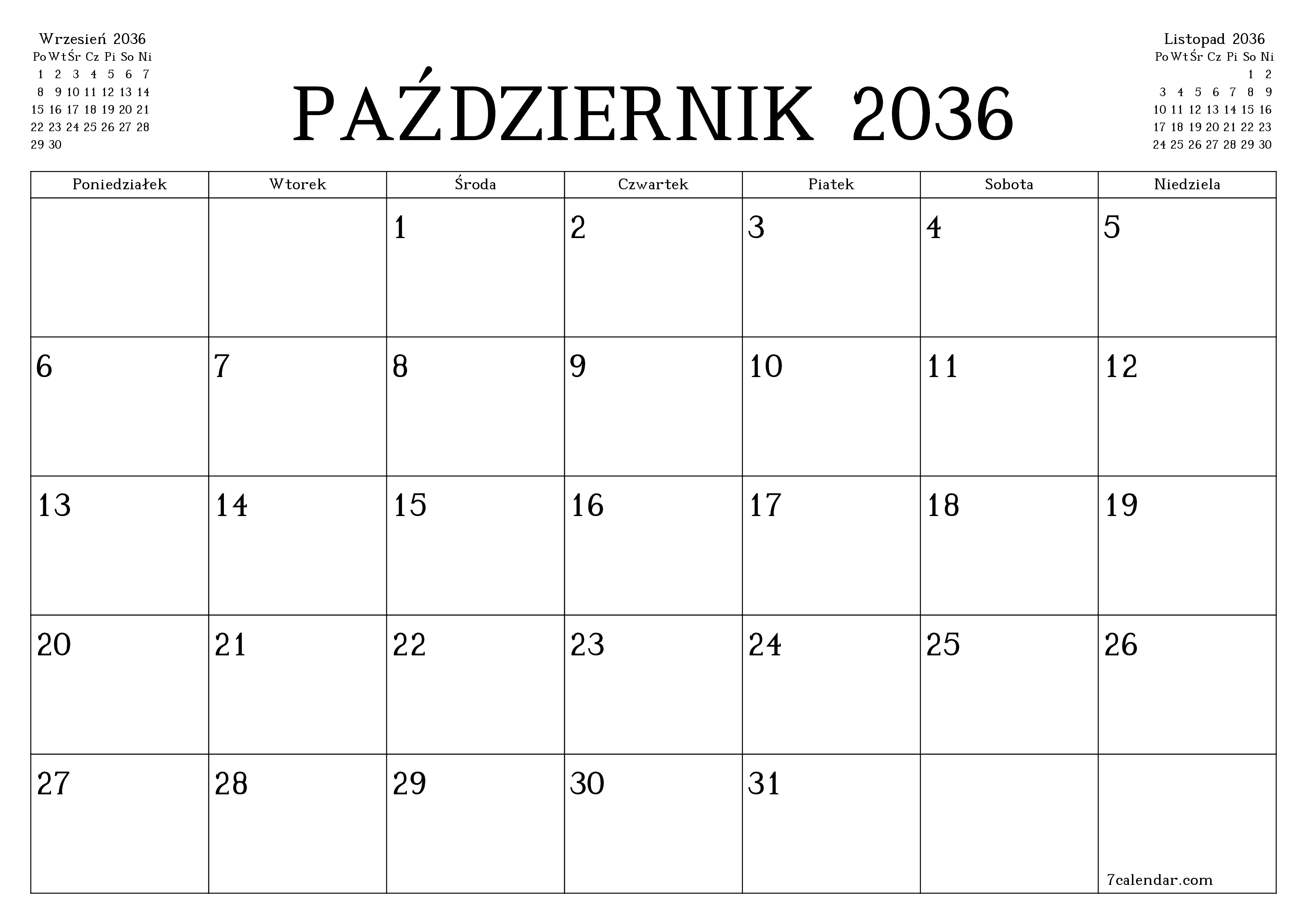 Opróżnij miesięczny planer na miesiąc Październik 2036 z notatkami, zapisz i wydrukuj w formacie PDF PNG Polish