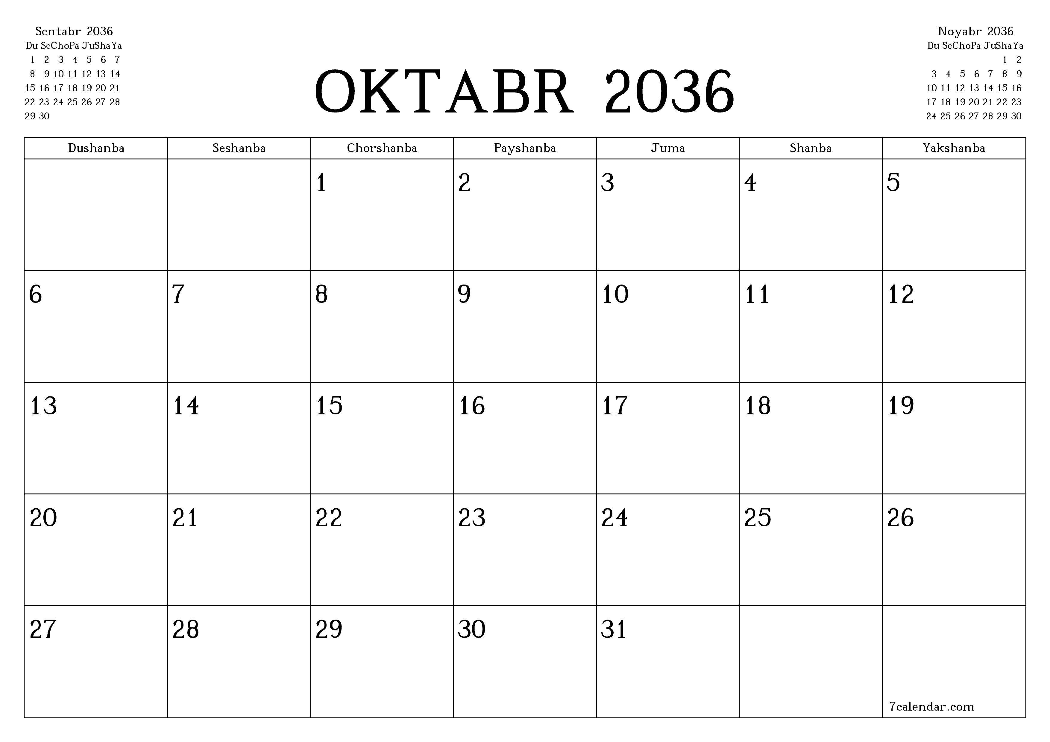 Oktabr 2036 oylik oylik rejalashtiruvchini yozuvlar bilan bo'shatish, saqlash va PDF-ga chop etish PNG Uzbek