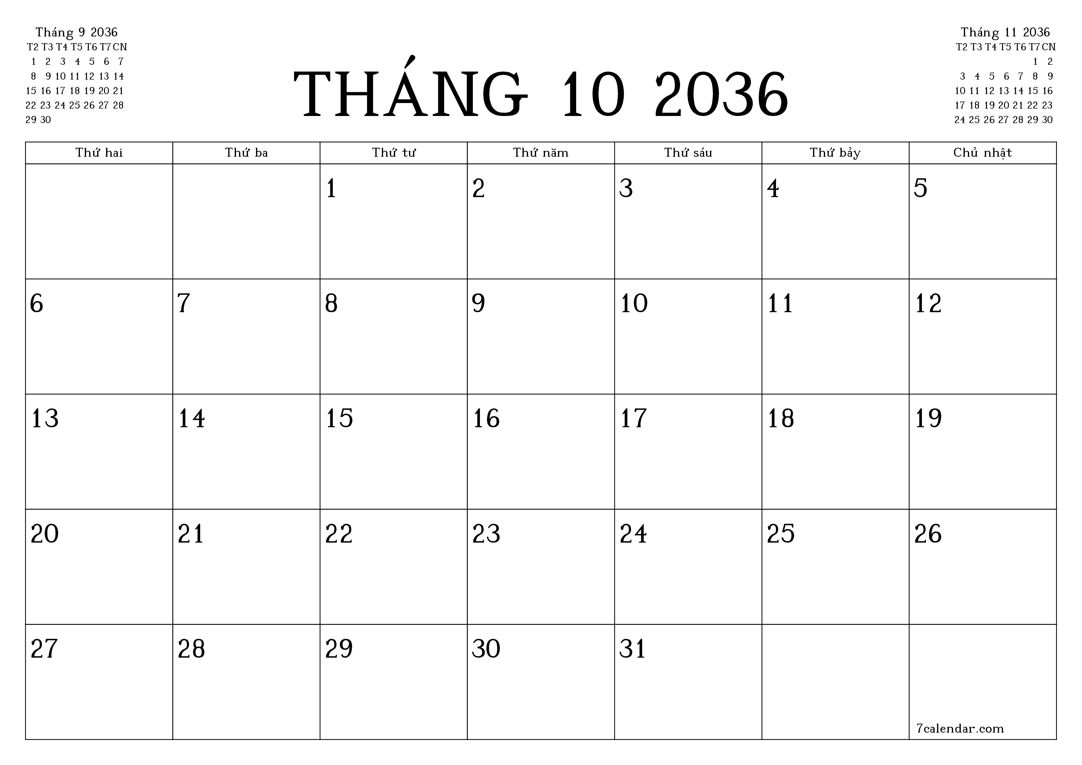Công cụ lập kế hoạch hàng tháng trống cho tháng Tháng 10 2036 có ghi chú, lưu và in sang PDF PNG Vietnamese