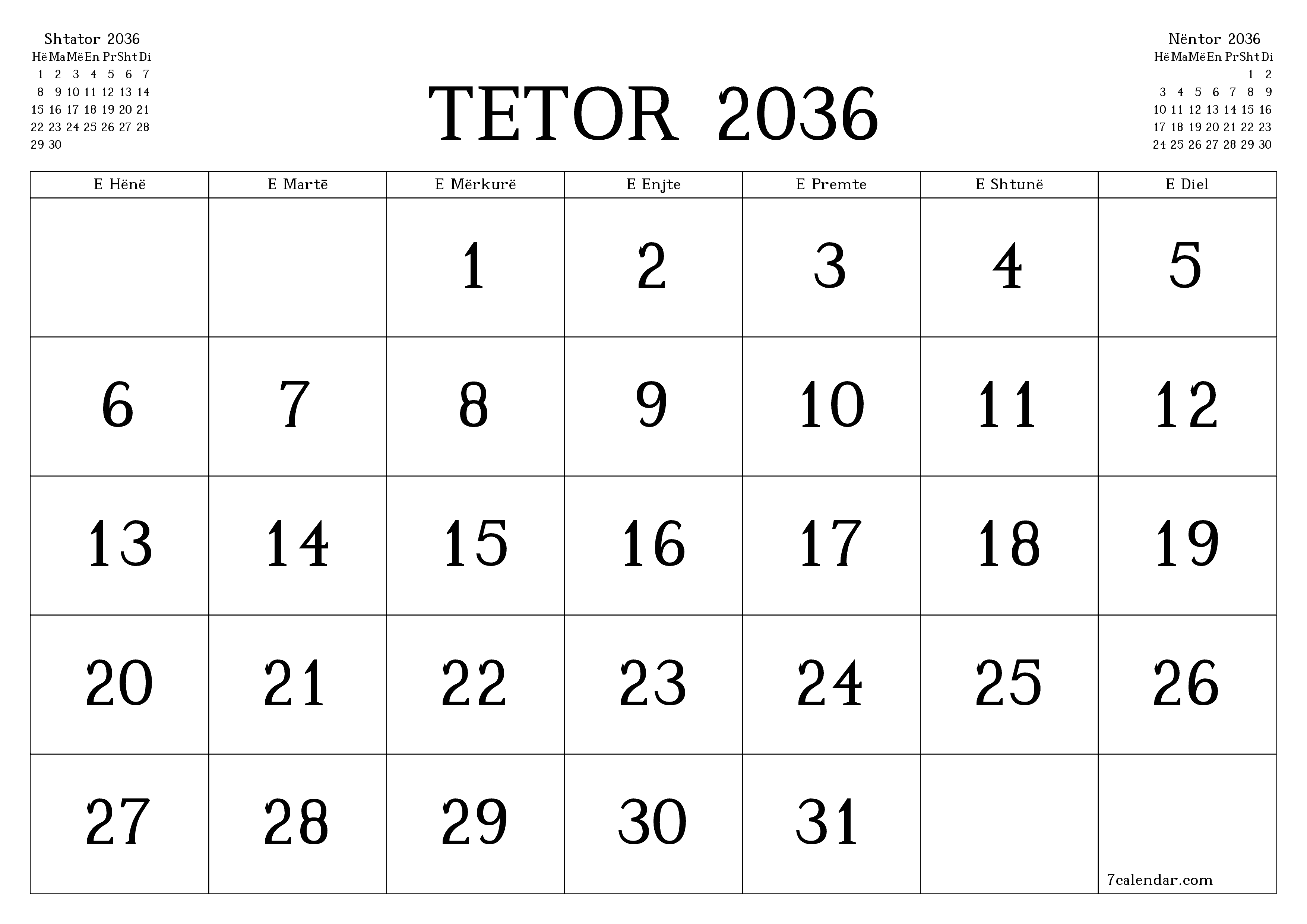Planifikuesi i zbrazët i kalendarit mujor për muajin Tetor 2036 me shënime të ruajtura dhe të printuara në PDF PNG Albanian