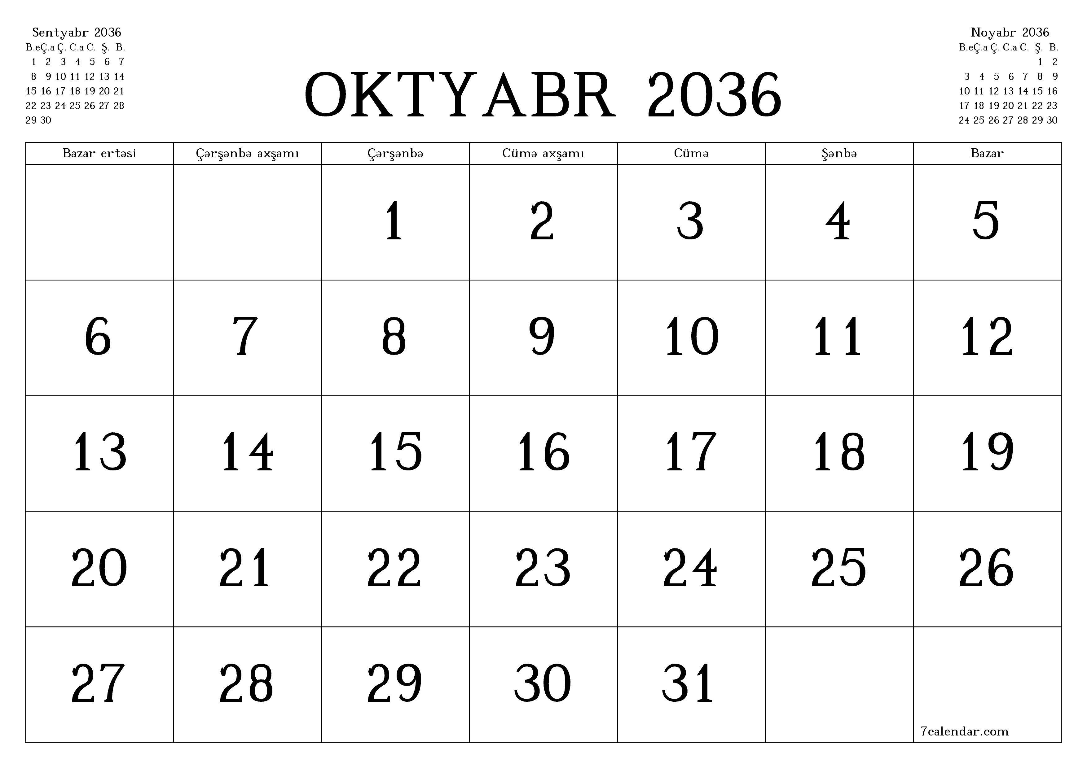çap edilə bilən divar i şablonu pulsuz üfüqi Aylıq təqvim Oktyabr (Okt) 2036