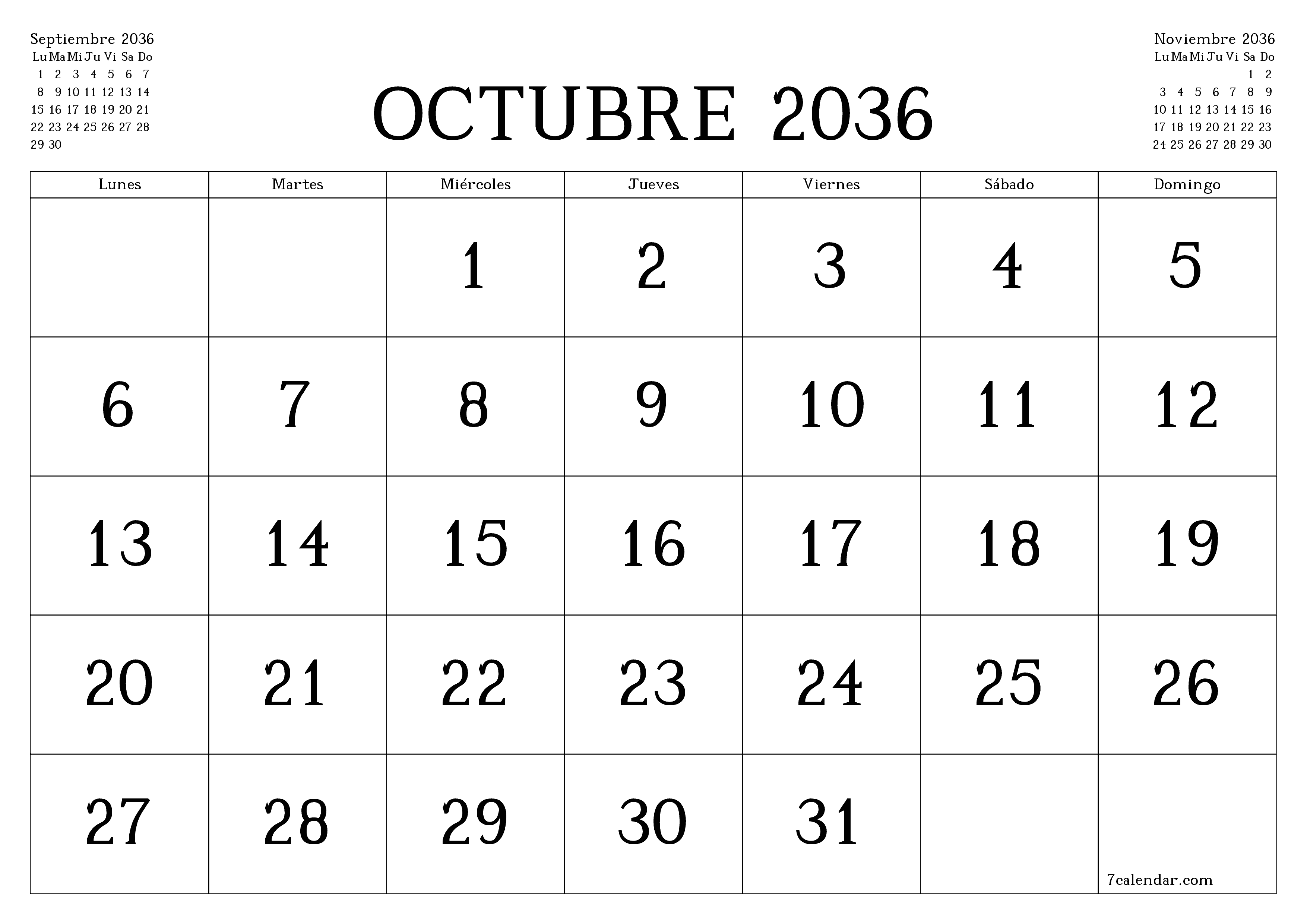 Planificador mensual vacío para el mes Octubre 2036 con notas, guardar e imprimir en PDF PNG Spanish
