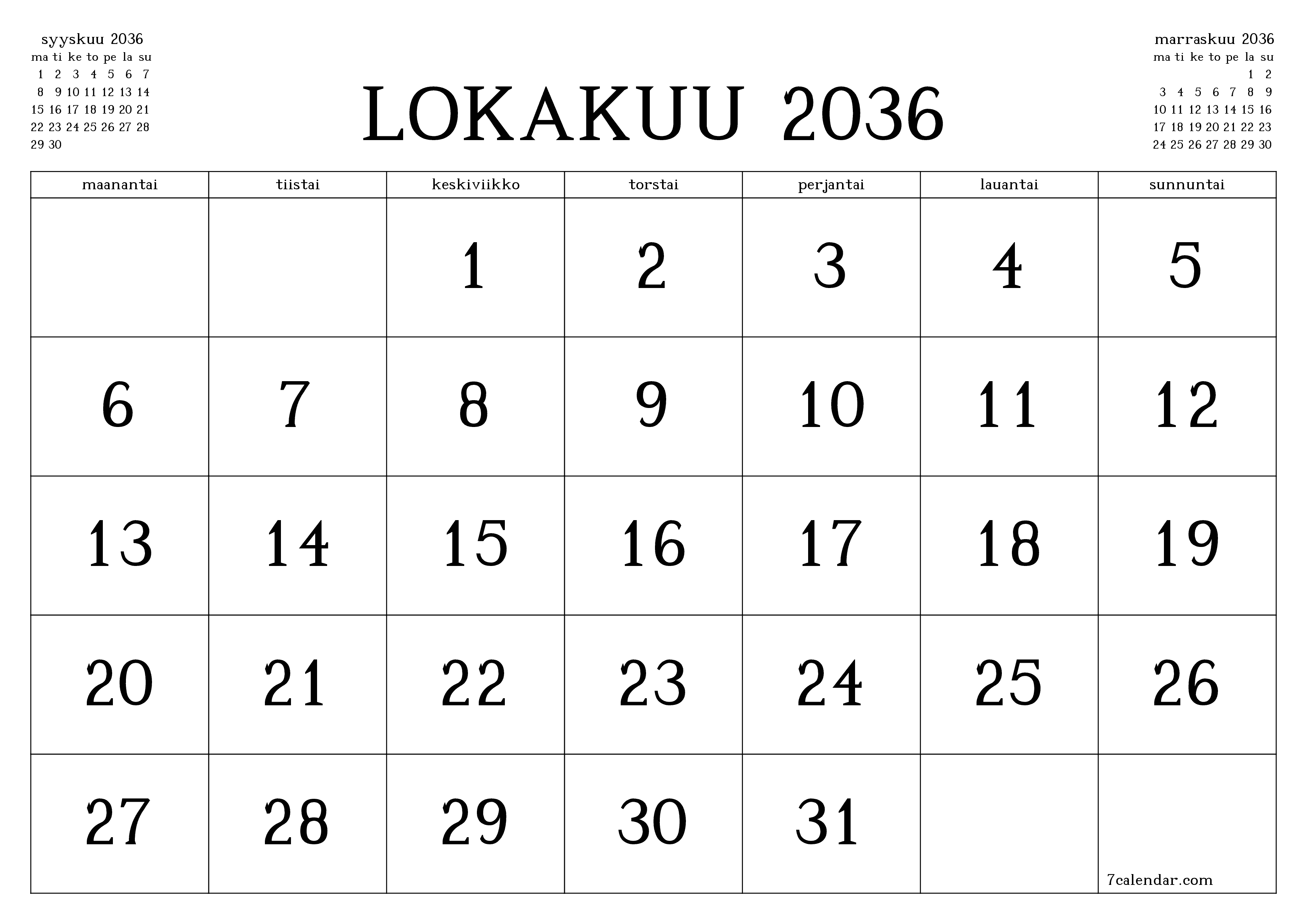 Tyhjennä kuukausittainen suunnittelija kuukaudelle Lokakuu 2036 muistiinpanoilla, tallenna ja tulosta PDF-muotoon PNG Finnish