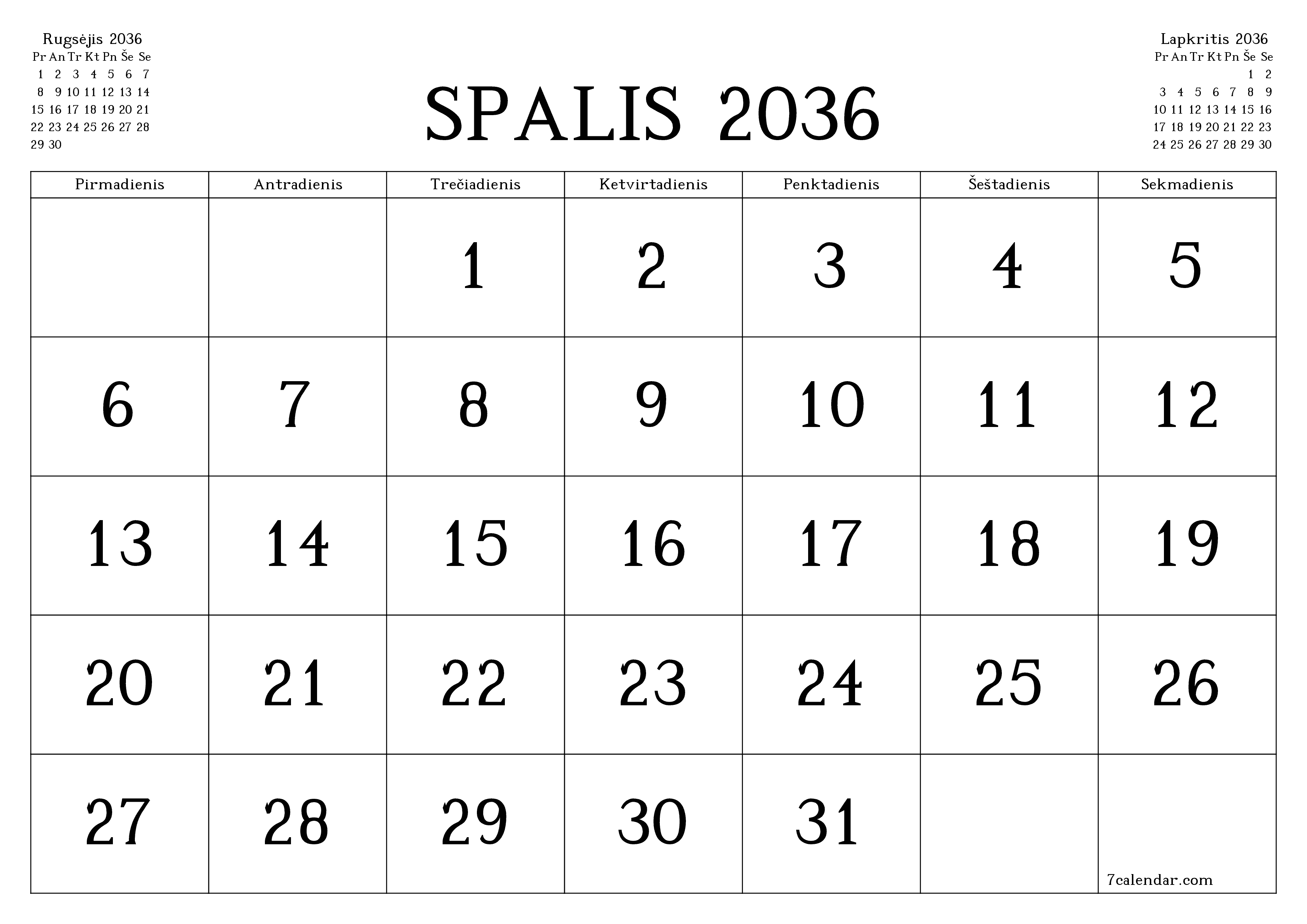 Ištuštinti mėnesio Spalis 2036 mėnesio planavimo priemonę su užrašais, išsaugoti ir atsispausdinti PDF formate PNG Lithuanian