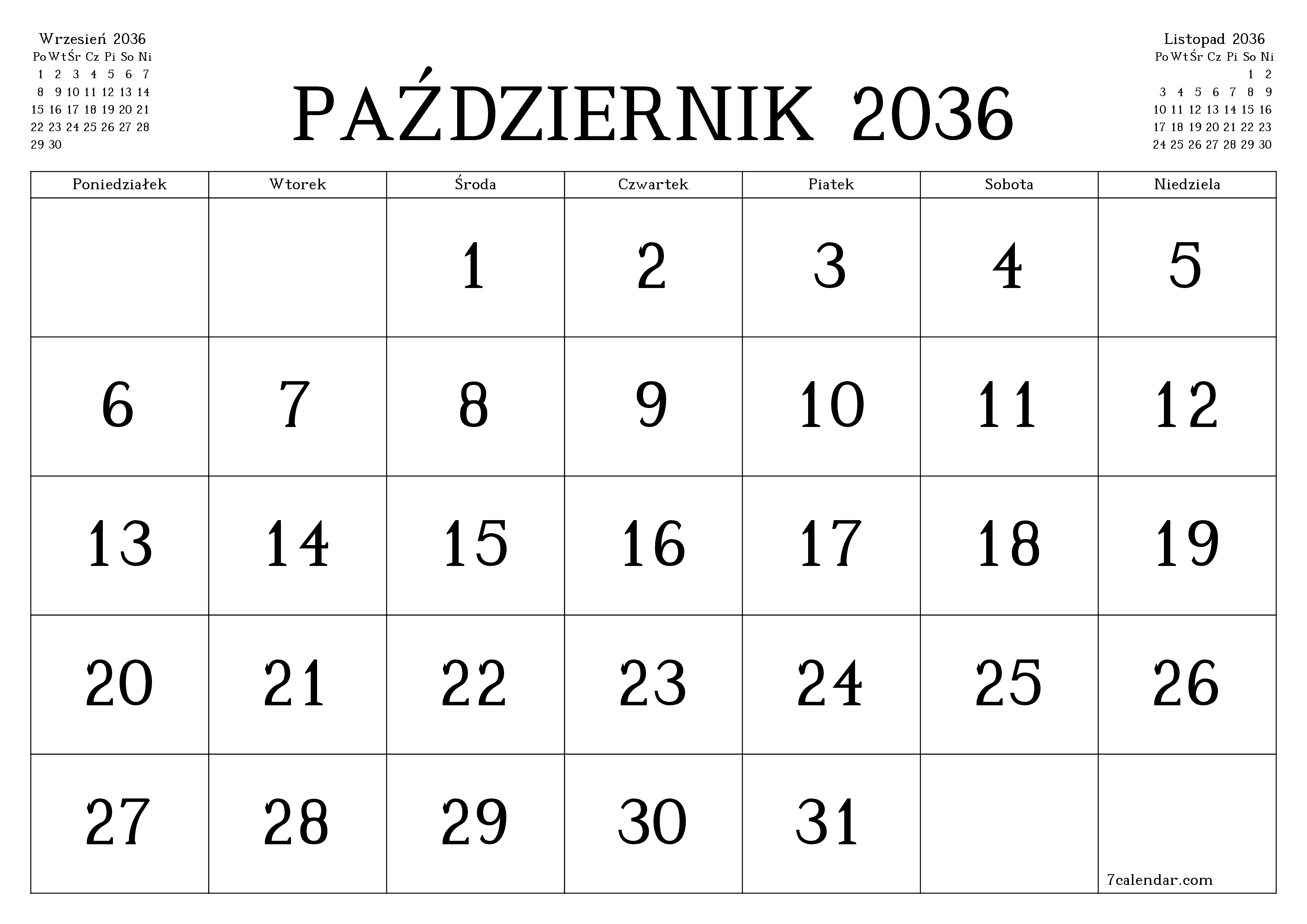 Opróżnij miesięczny planer na miesiąc Październik 2036 z notatkami, zapisz i wydrukuj w formacie PDF PNG Polish