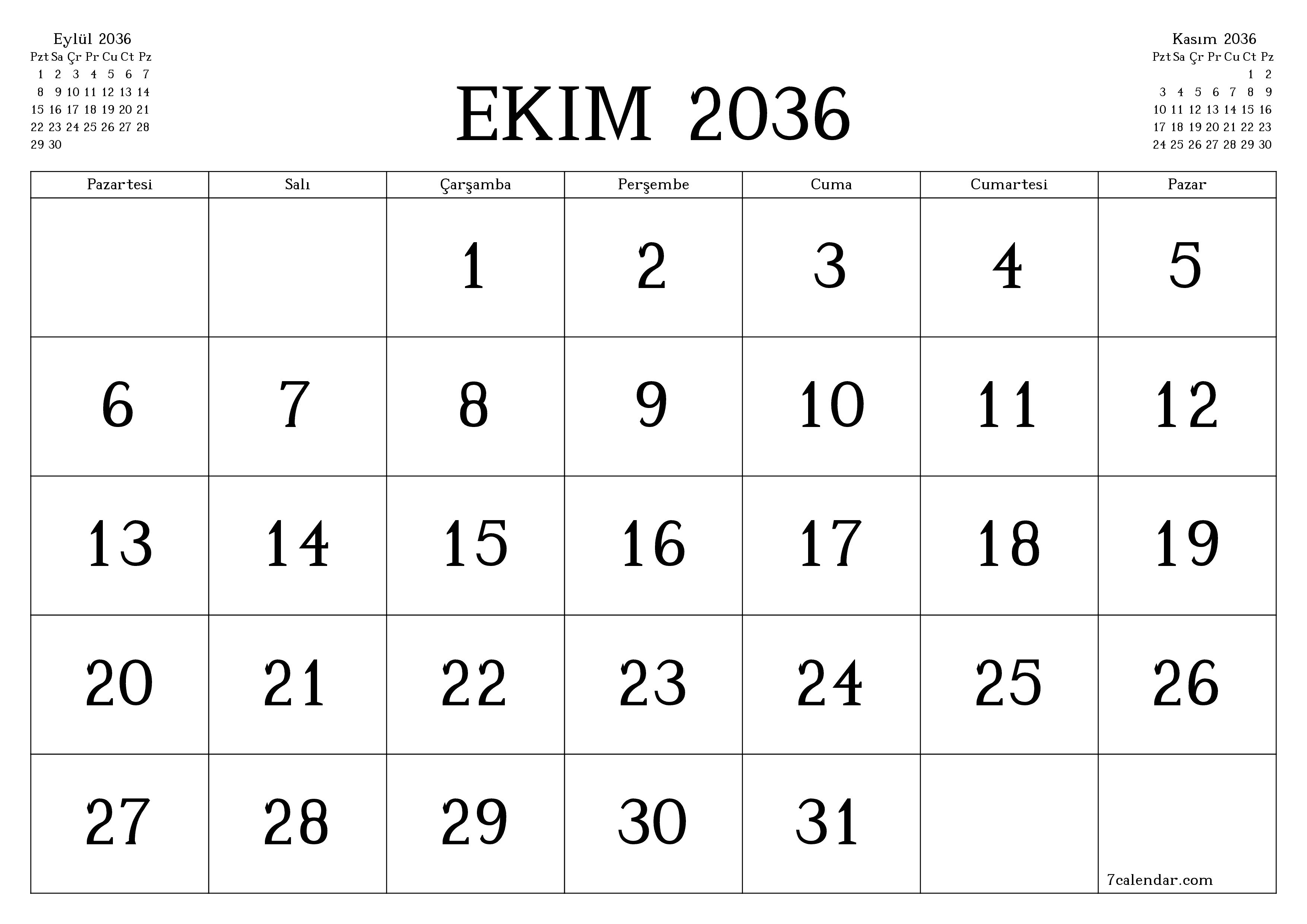 Ekim 2036 ayı için notlarla birlikte boş aylık planlayıcı, kaydedin ve PDF'ye yazdırın PNG Turkish