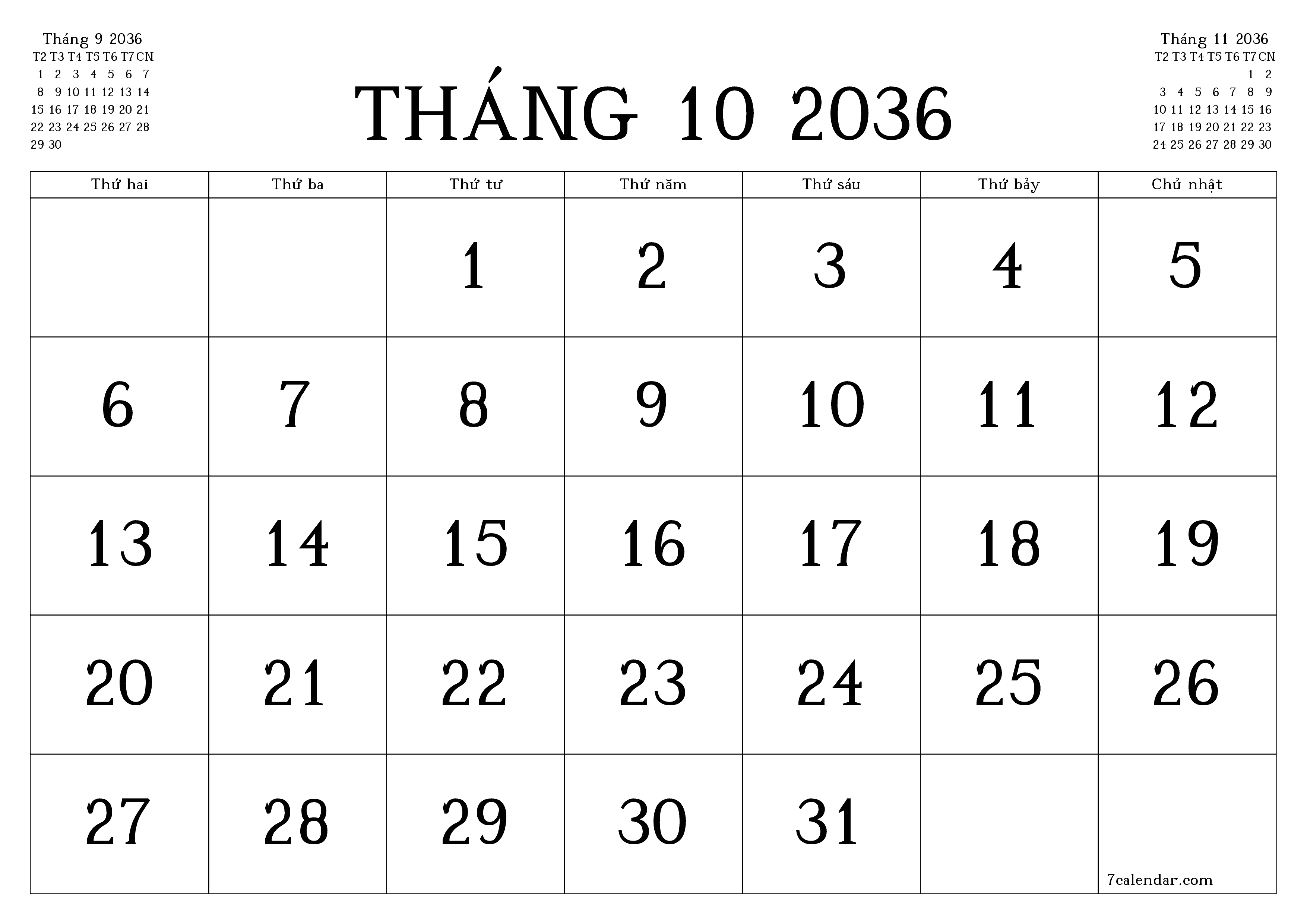 Công cụ lập kế hoạch hàng tháng trống cho tháng Tháng 10 2036 có ghi chú, lưu và in sang PDF PNG Vietnamese