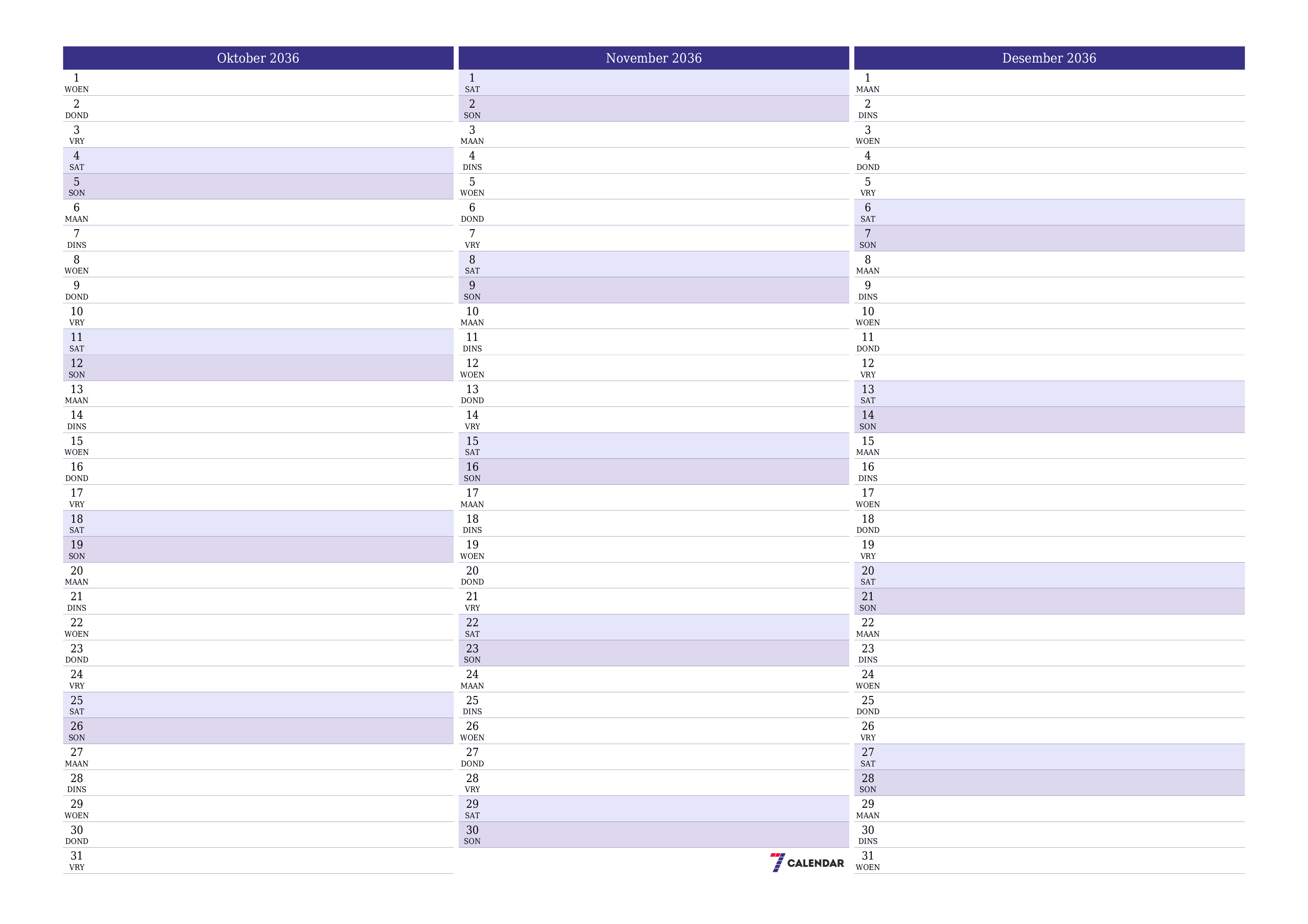 Leë maandelikse drukbare kalender en beplanner vir maand Oktober 2036 met notas stoor en druk na PDF PNG Afrikaans