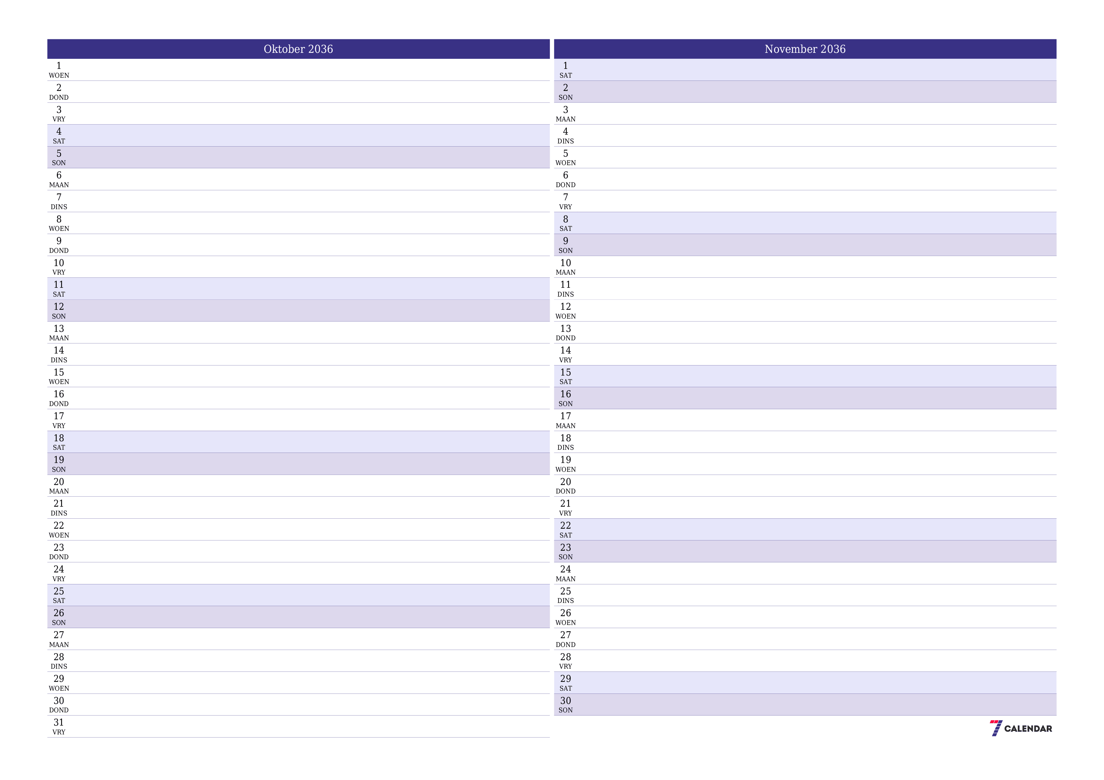 drukbare muur template gratis horisontaal Maandeliks beplanner kalender Oktober (Okt) 2036
