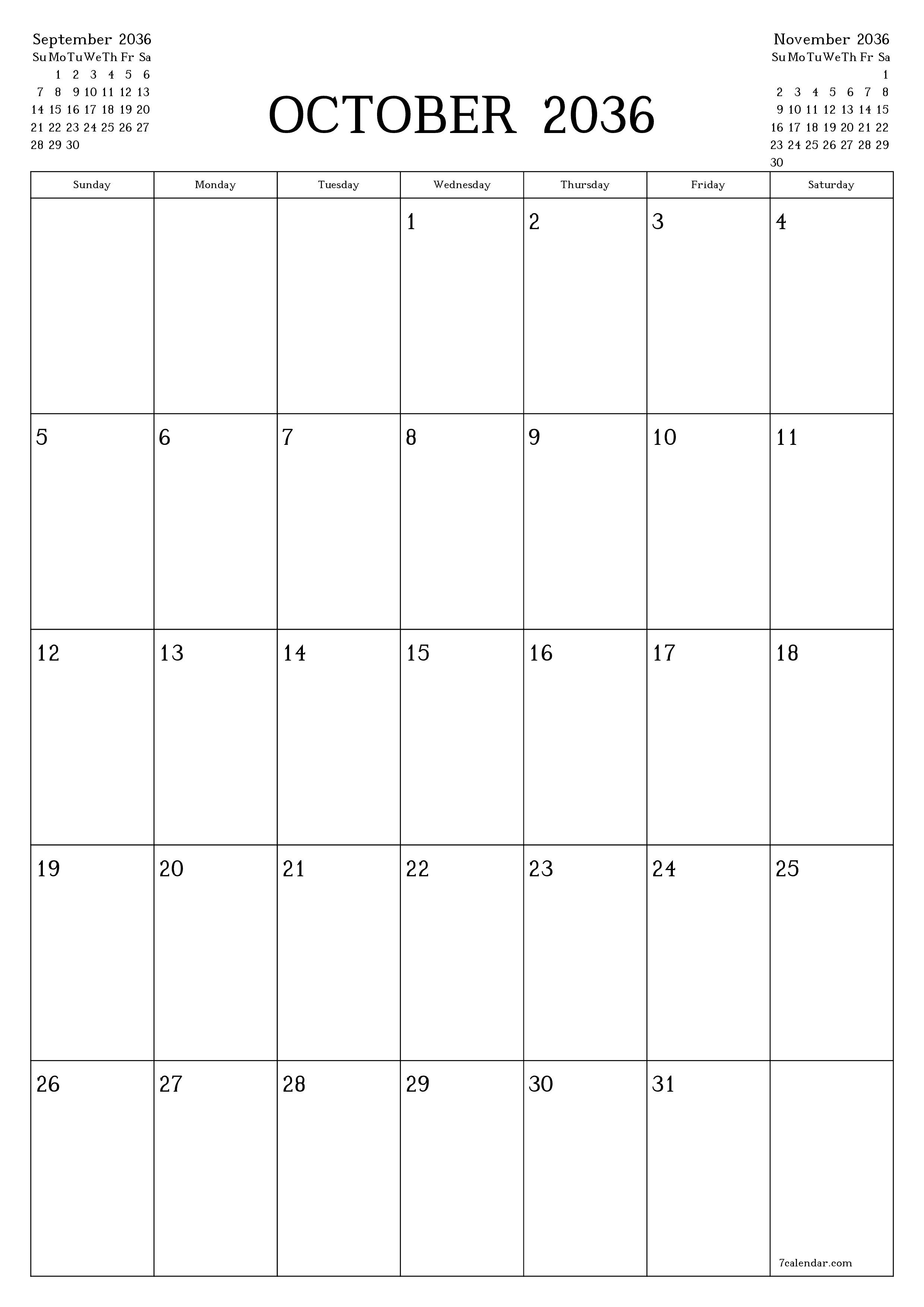 Blank calendar October 2036