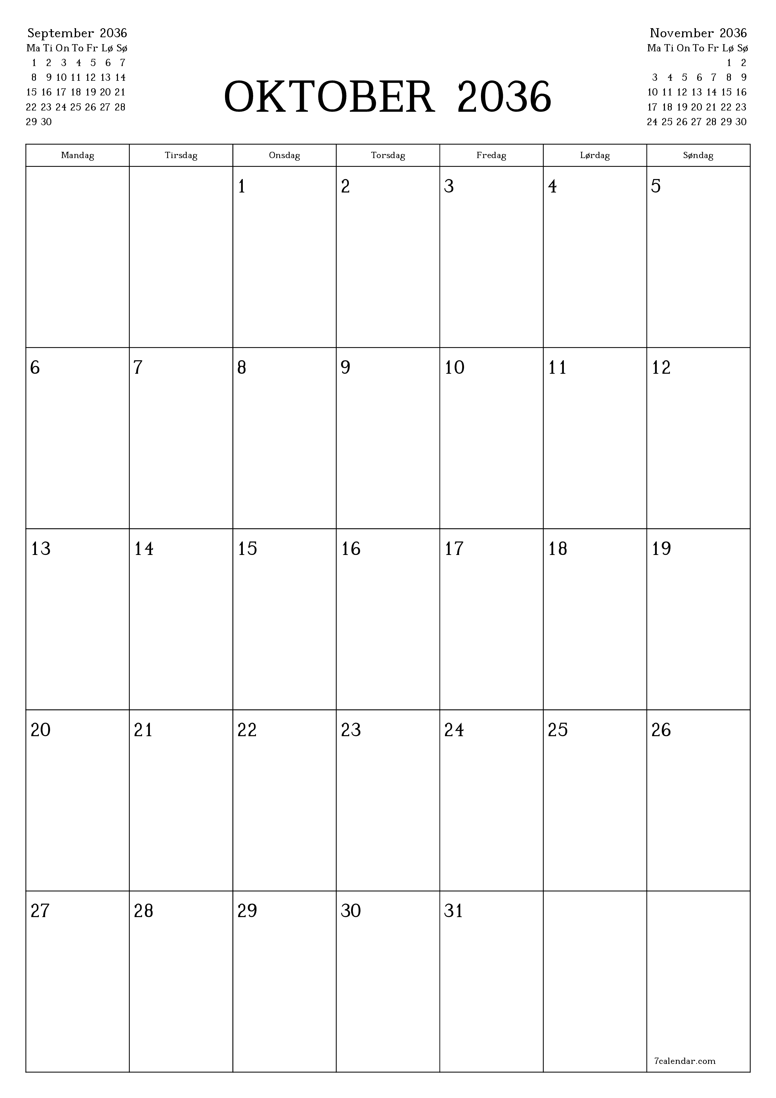 udskrivbar væg skabelon gratis lodret Månedlig planlægger kalender Oktober (Okt) 2036