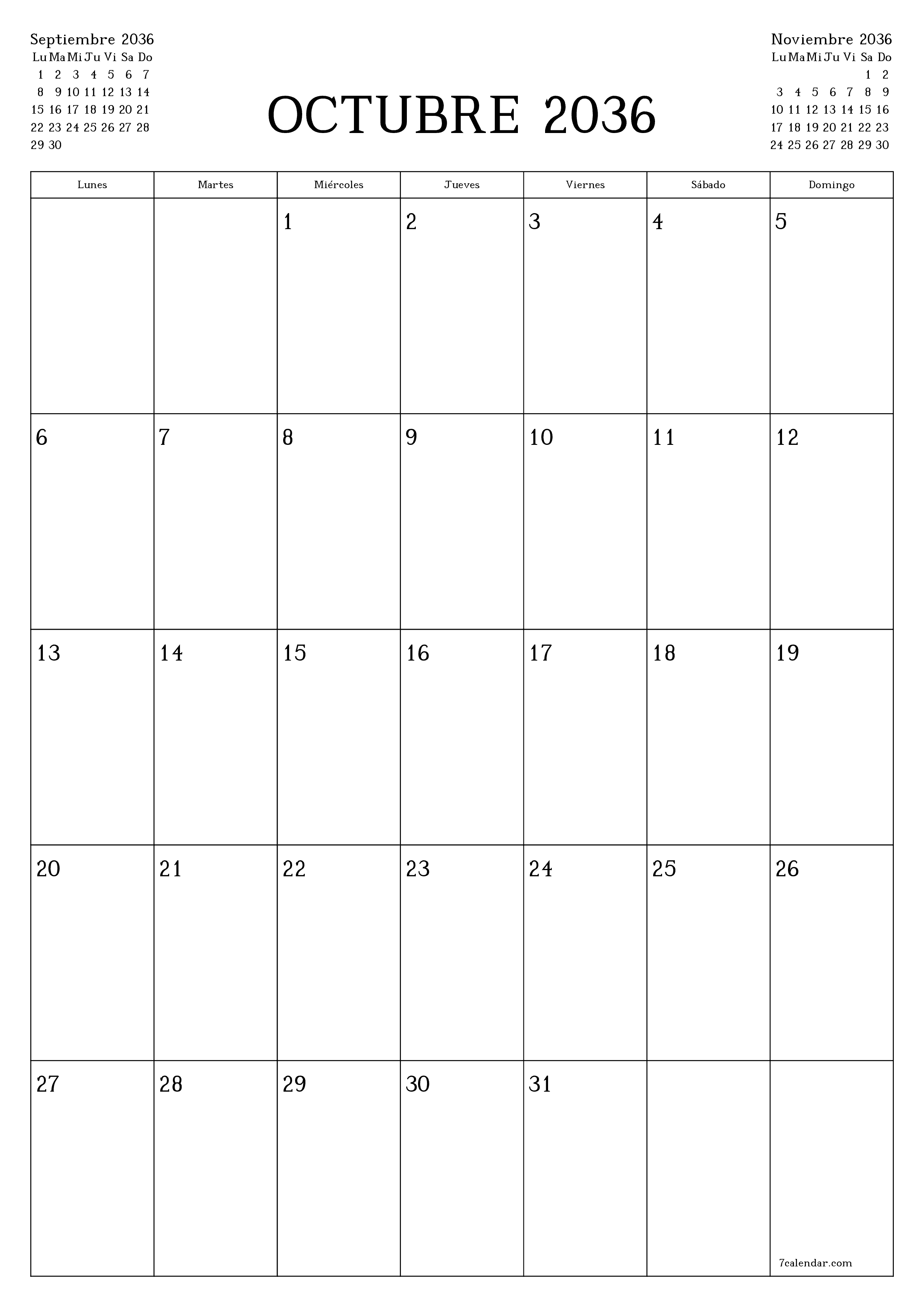  imprimible de pared plantilla de gratisvertical Mensual planificador calendario Octubre (Oct) 2036
