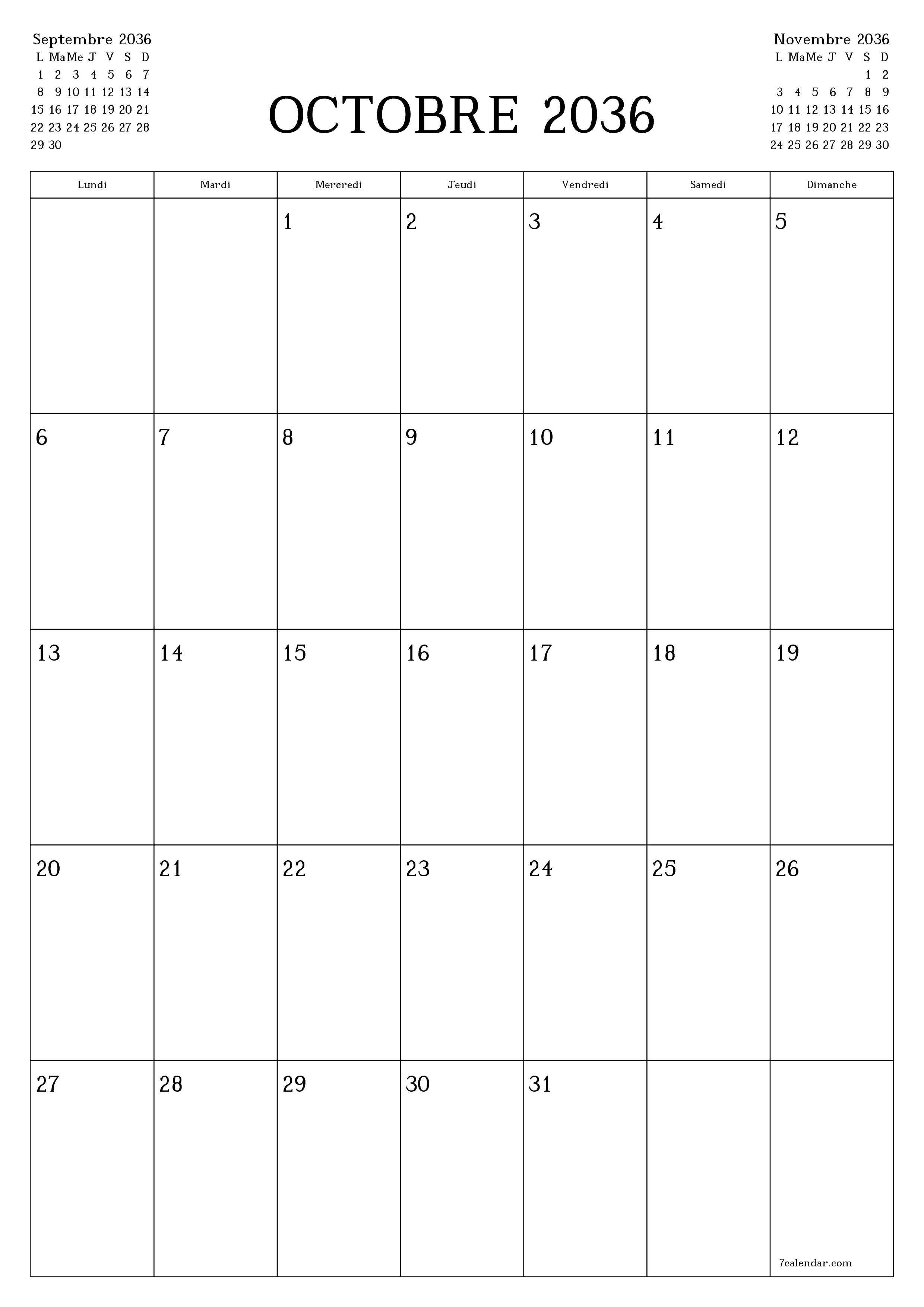  imprimable mural modèle de gratuitverticale Mensuel planificateur calendrier Octobre (Oct) 2036