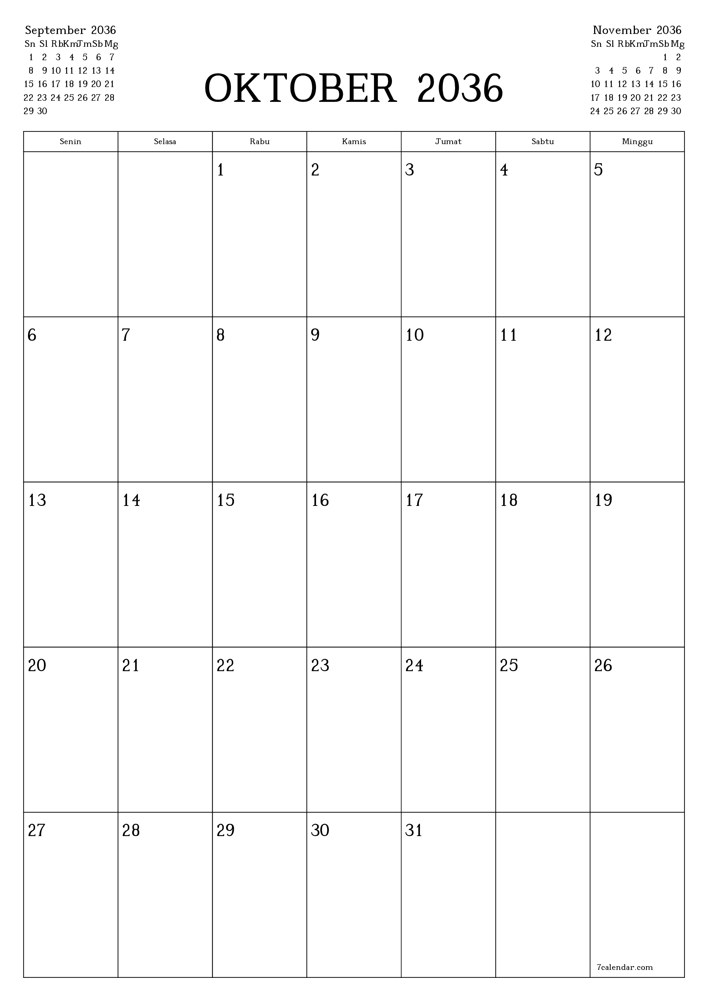 Kosongkan agenda bulanan untuk bulan Oktober 2036 dengan catatan, simpan dan cetak ke PDF PNG Indonesian