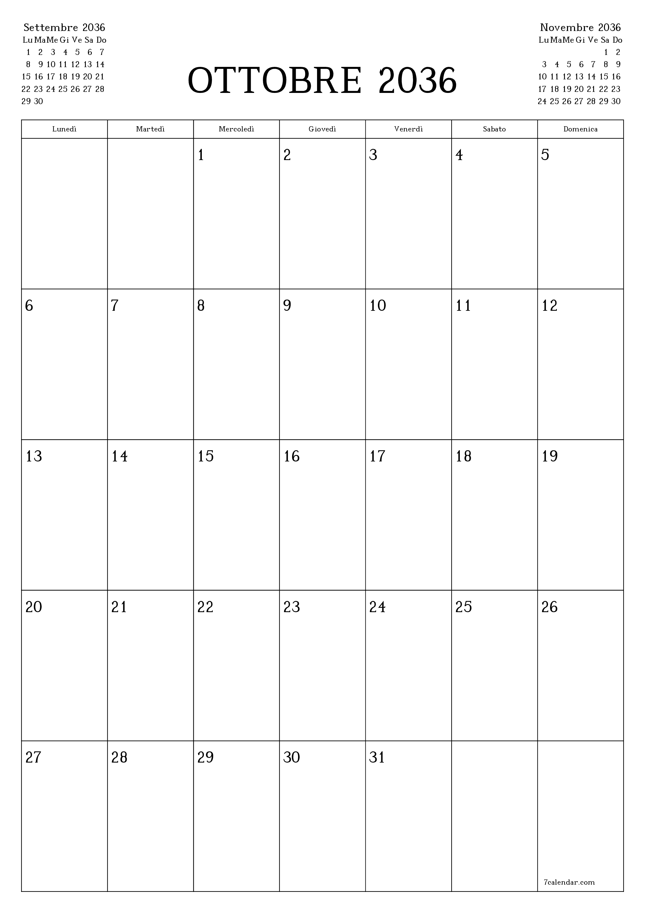 stampabile da parete modello di gratuitoverticale Mensile pianificatore calendario Ottobre (Ott) 2036