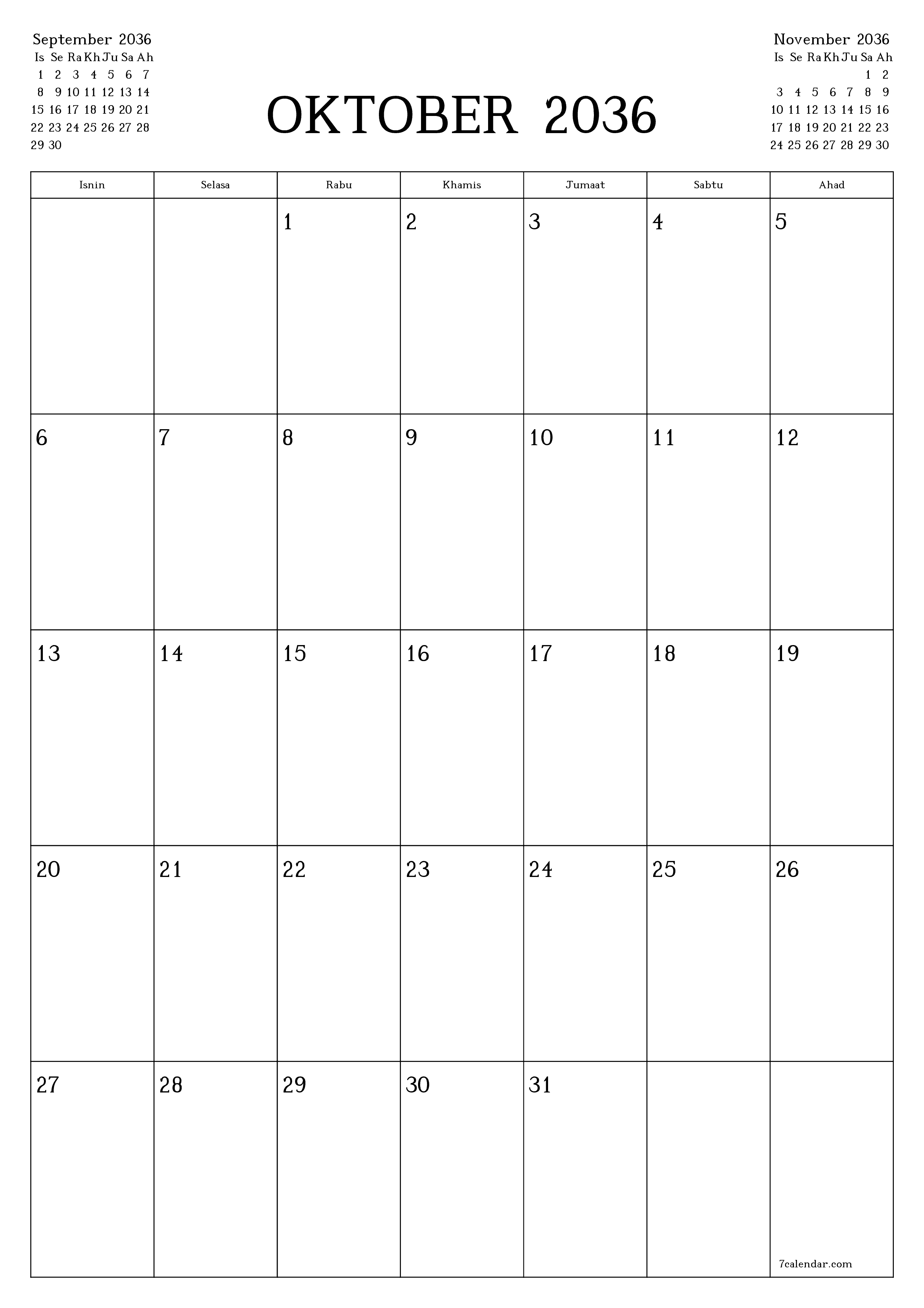  boleh cetak dinding templat percumamenegak Bulanan perancang kalendar Oktober (Okt) 2036