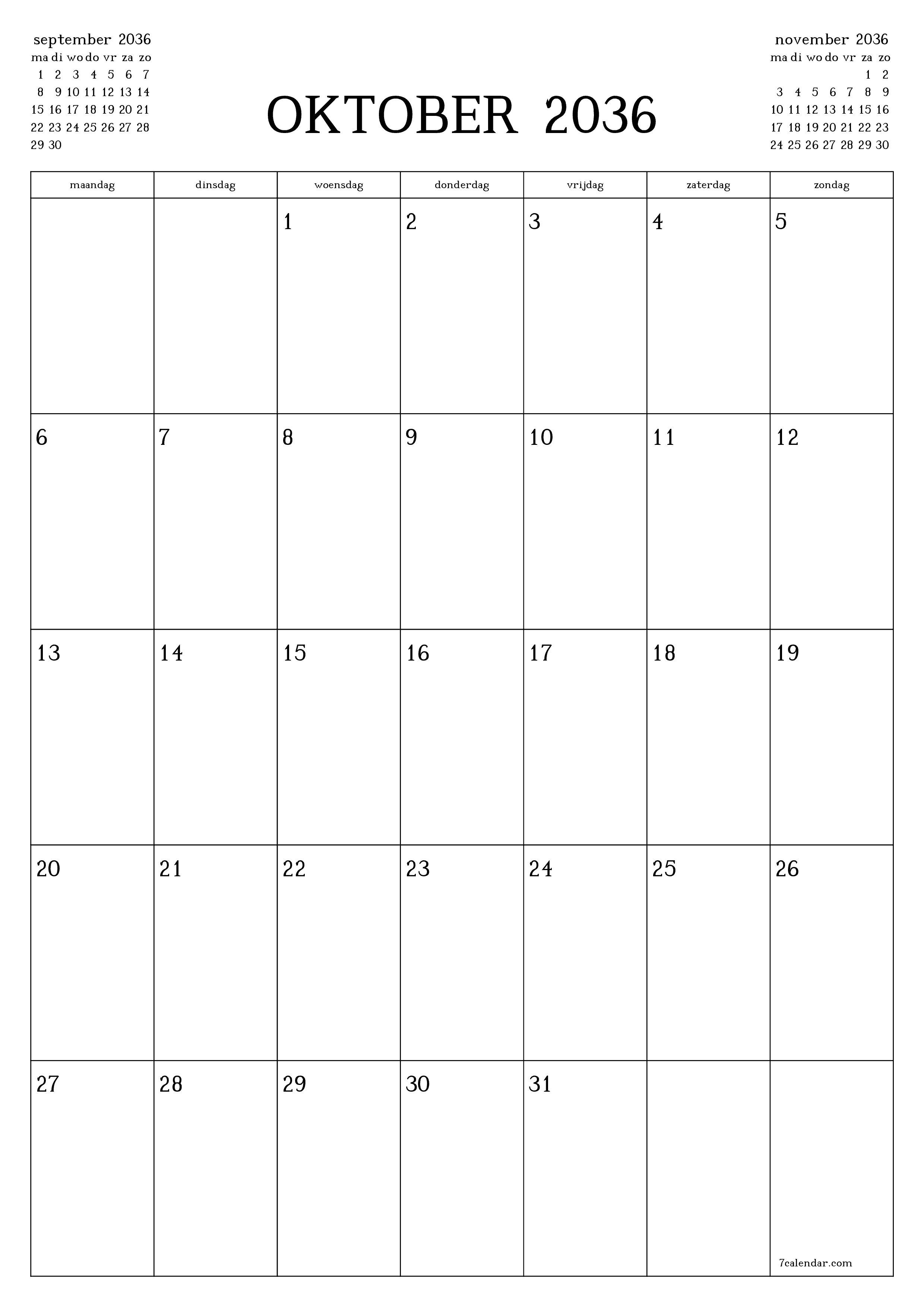afdrukbare muur sjabloon gratis verticaal Maandelijks planner kalender oktober (okt) 2036