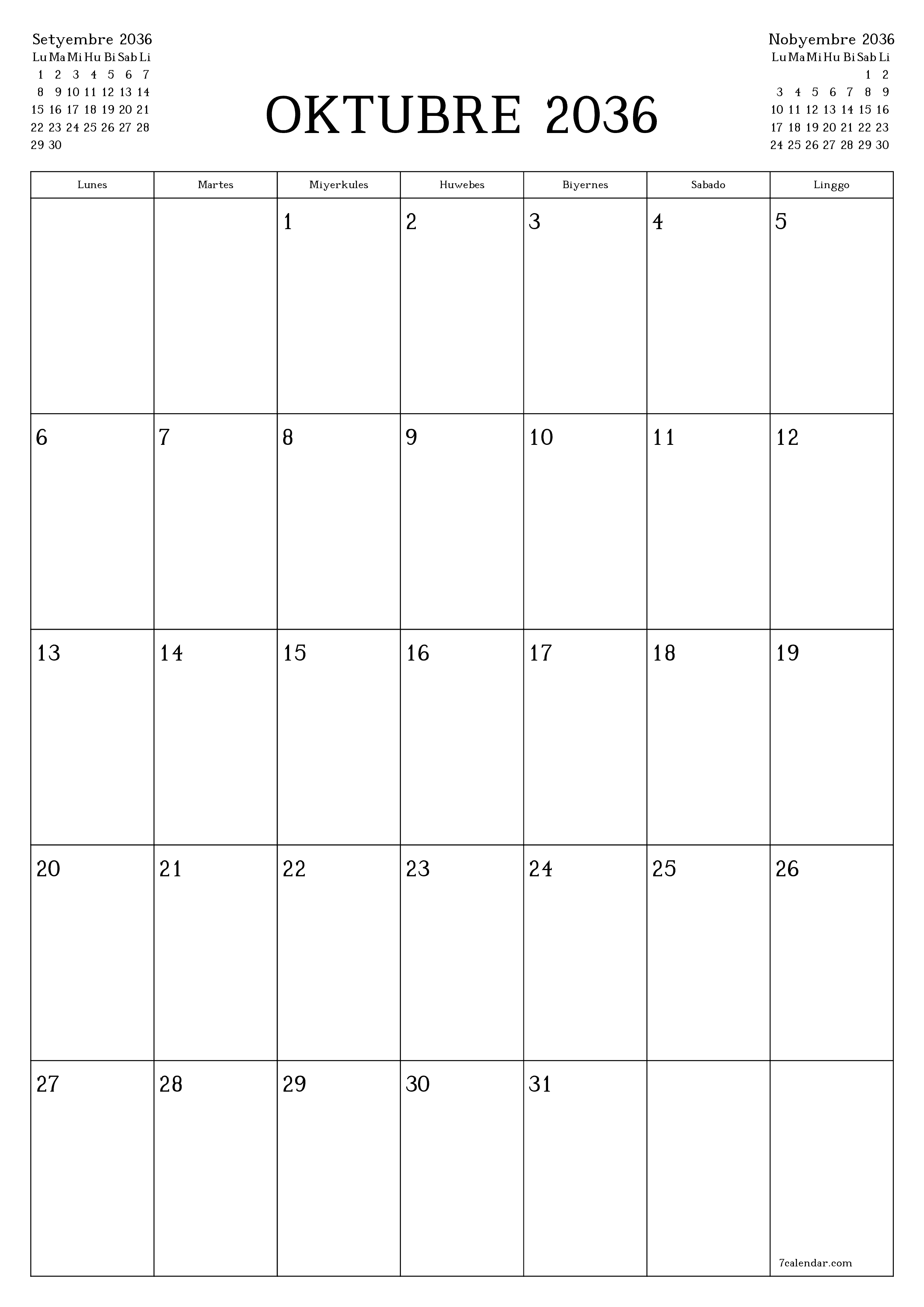 napi-print na sa dingding template ng libreng patayo Buwanang tagaplano kalendaryo Oktubre (Okt) 2036