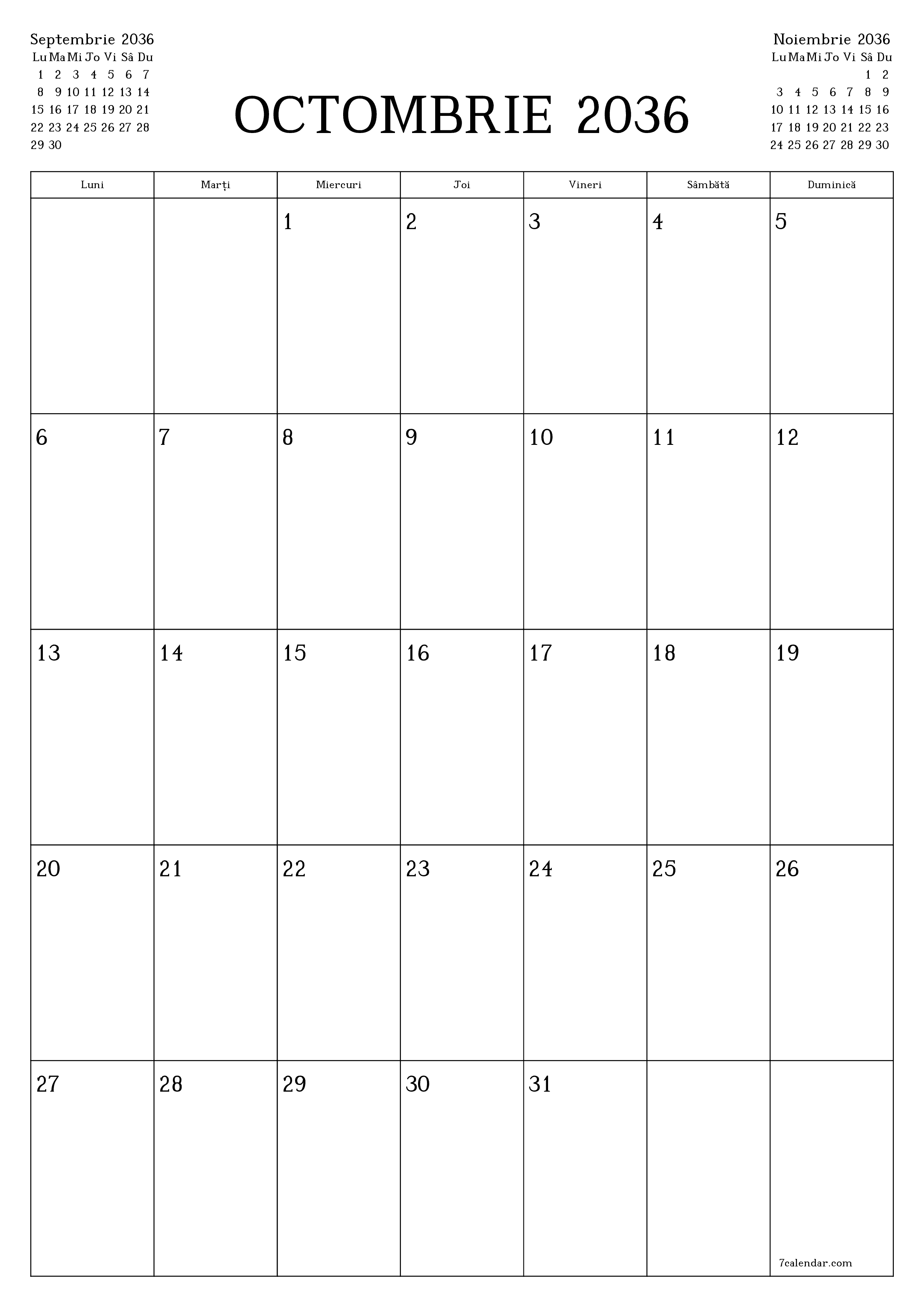  imprimabil de perete șablon de gratuitvertical Lunar planificator calendar Octombrie (Oct) 2036
