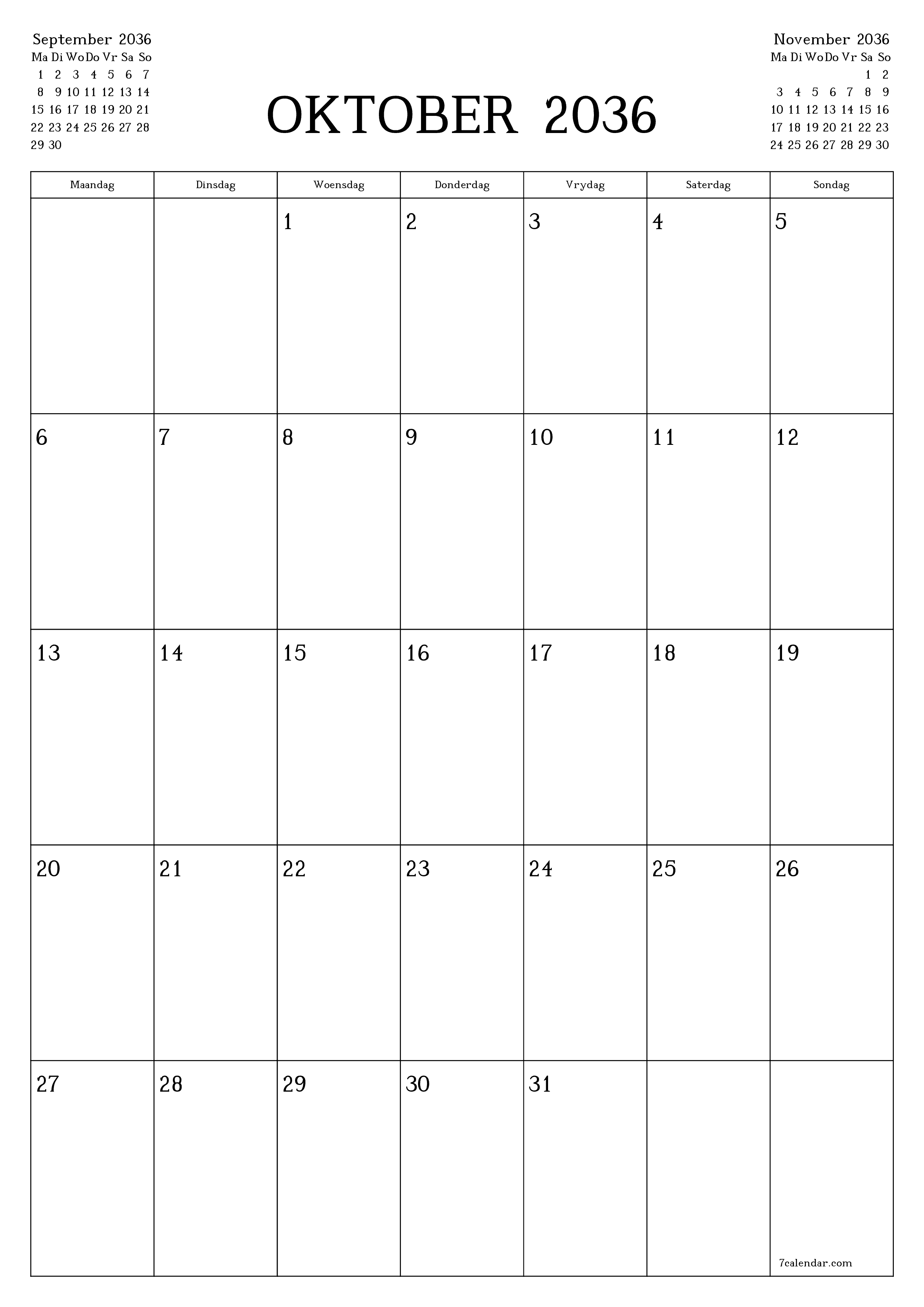 drukbare muur template gratis vertikaal Maandeliks beplanner kalender Oktober (Okt) 2036