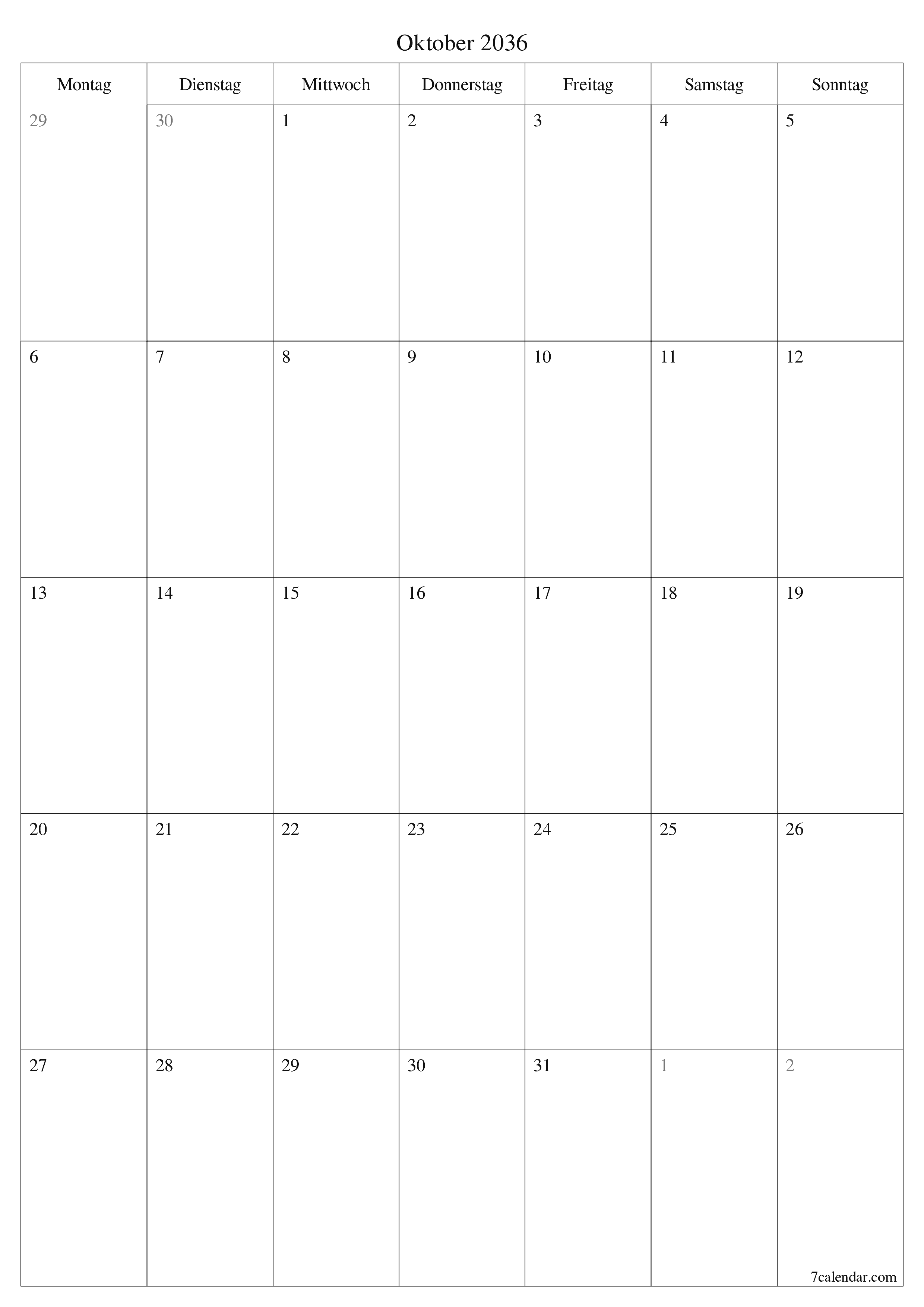  zum Ausdrucken Wandkalender vorlage kostenloser vertikal Monatlich Planer Kalender Oktober (Okt) 2036