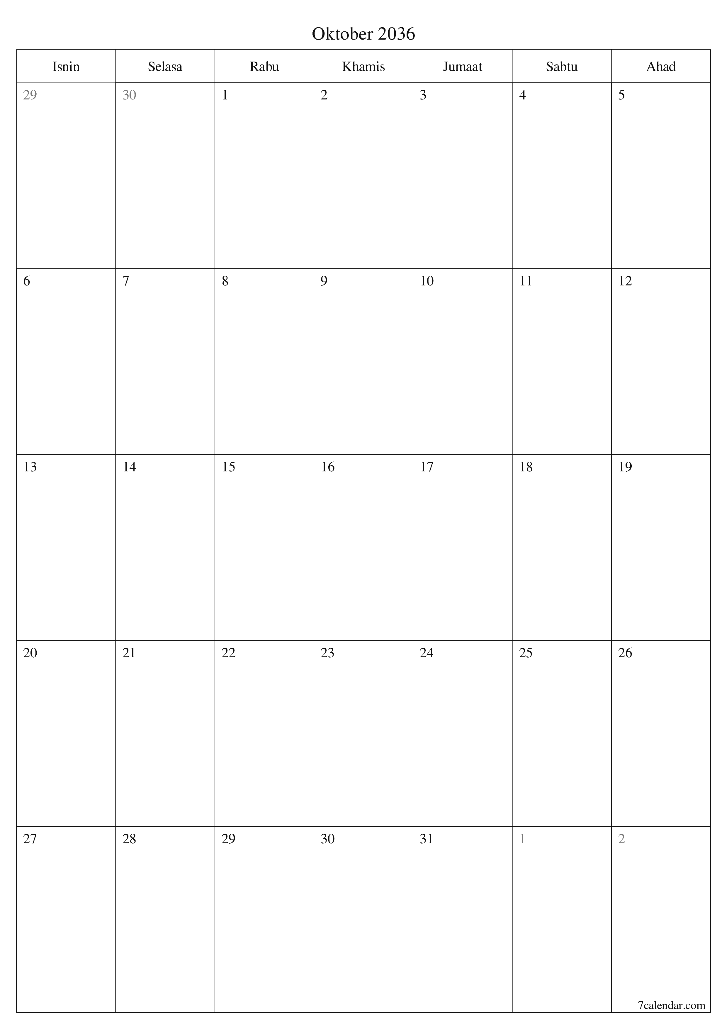  boleh cetak dinding templat percumamenegak Bulanan perancang kalendar Oktober (Okt) 2036