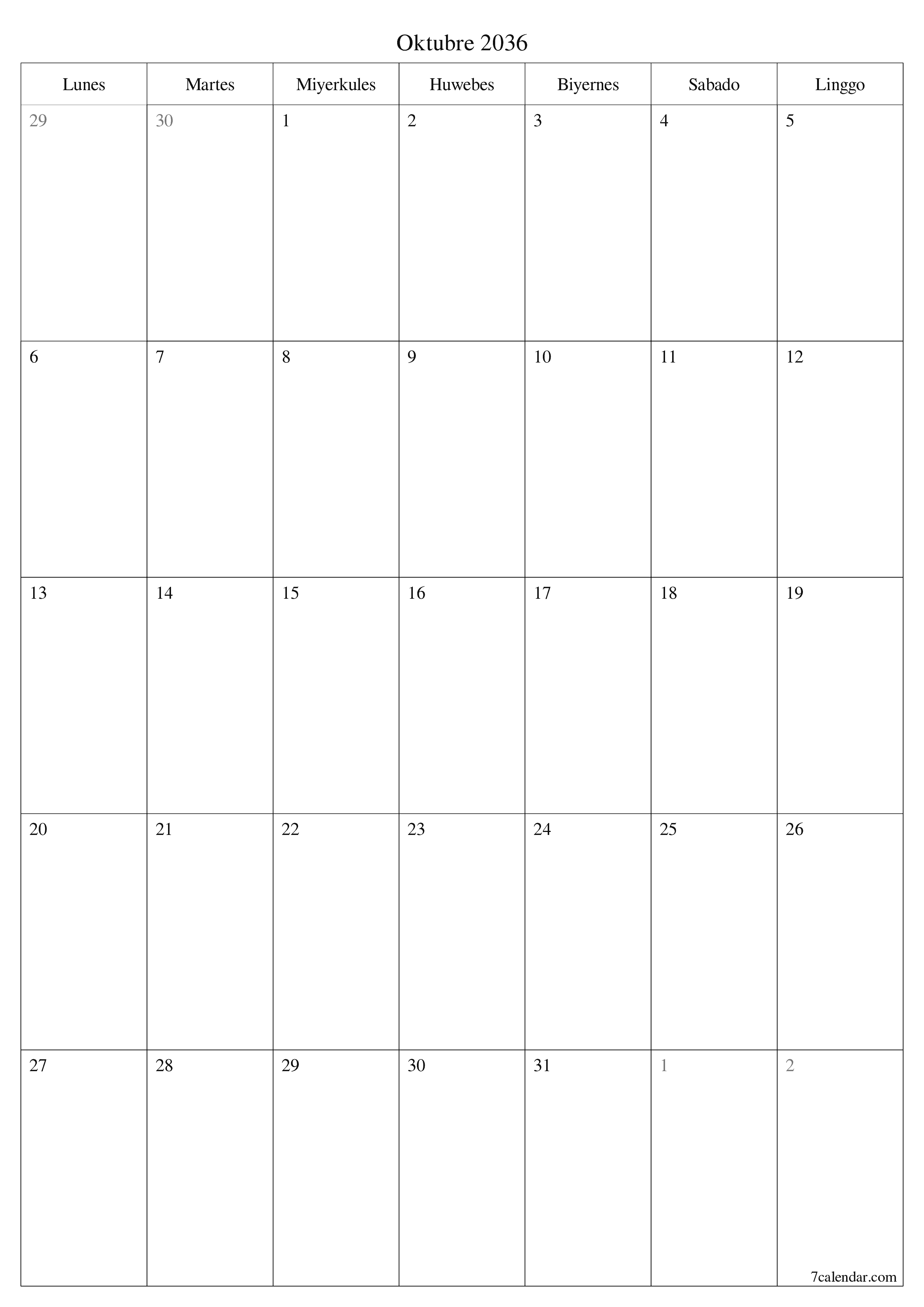 napi-print na sa dingding template ng libreng patayo Buwanang tagaplano kalendaryo Oktubre (Okt) 2036