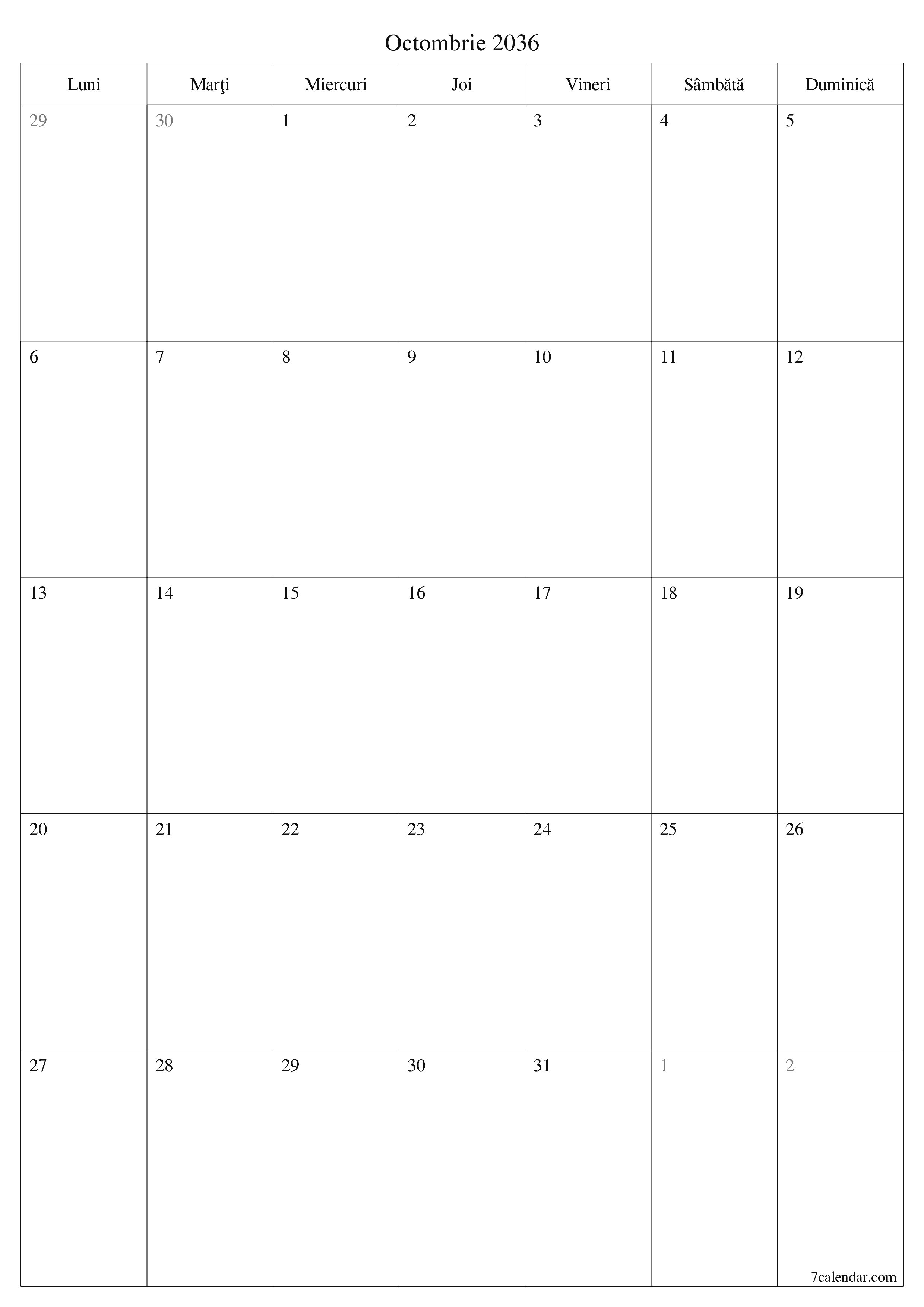  imprimabil de perete șablon de gratuitvertical Lunar planificator calendar Octombrie (Oct) 2036