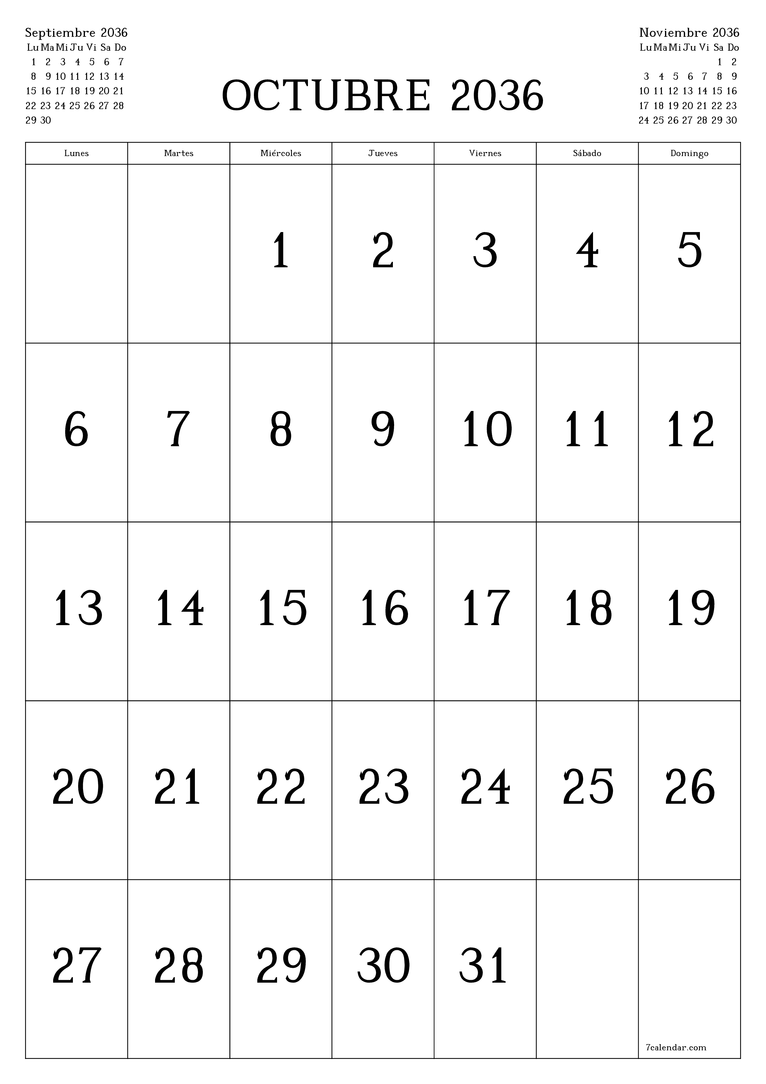  imprimible de pared plantilla de gratisvertical Mensual calendario Octubre (Oct) 2036
