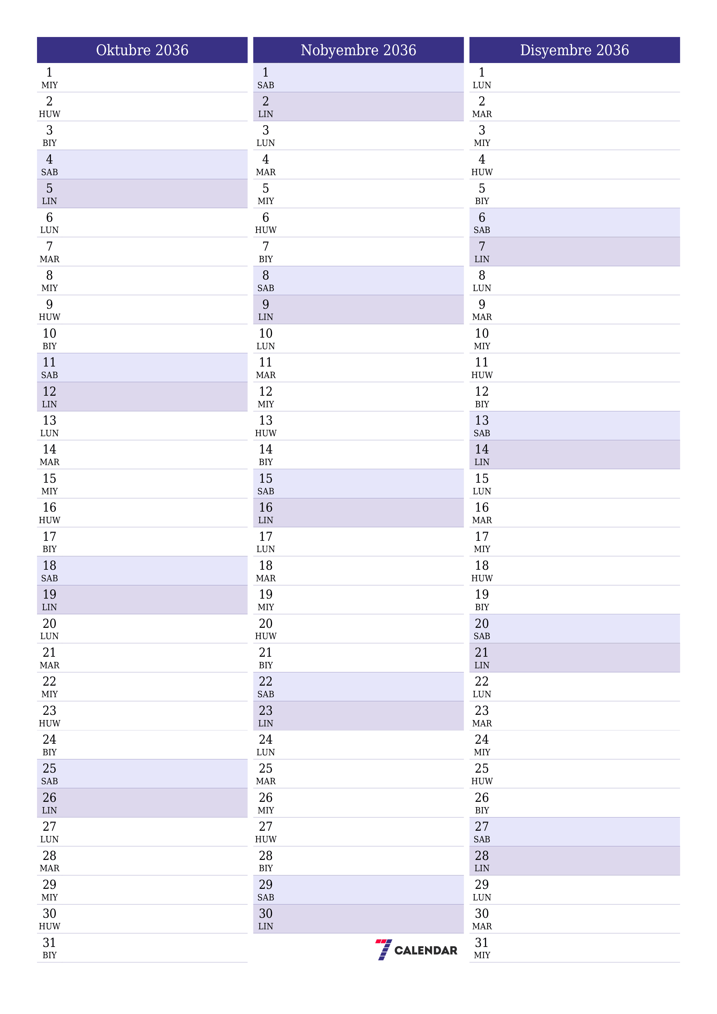 napi-print na sa dingding template ng libreng patayo Buwanang tagaplano kalendaryo Oktubre (Okt) 2036