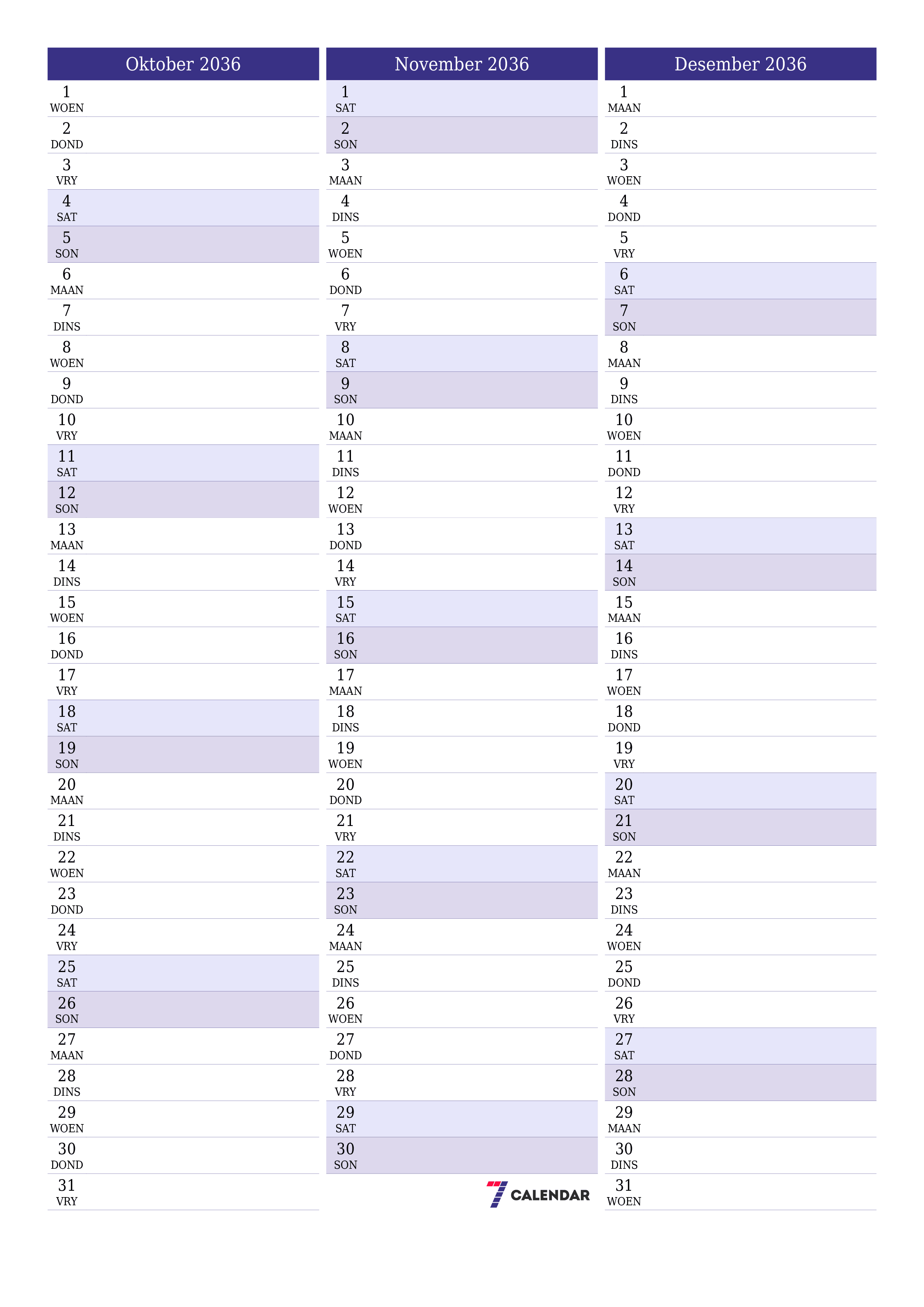 drukbare muur template gratis vertikaal Maandeliks beplanner kalender Oktober (Okt) 2036