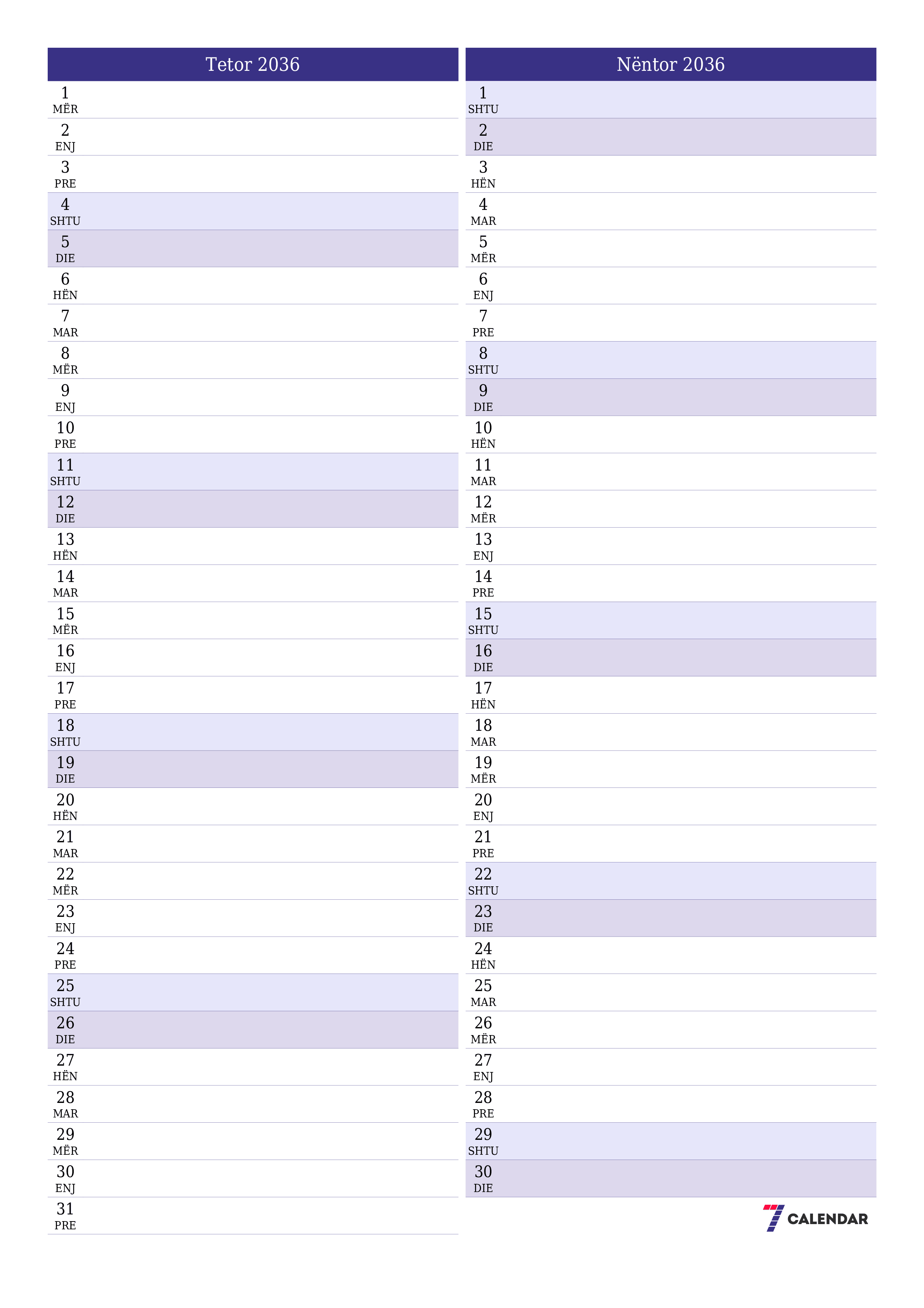 Planifikuesi i zbrazët i kalendarit mujor për muajin Tetor 2036 me shënime të ruajtura dhe të printuara në PDF PNG Albanian