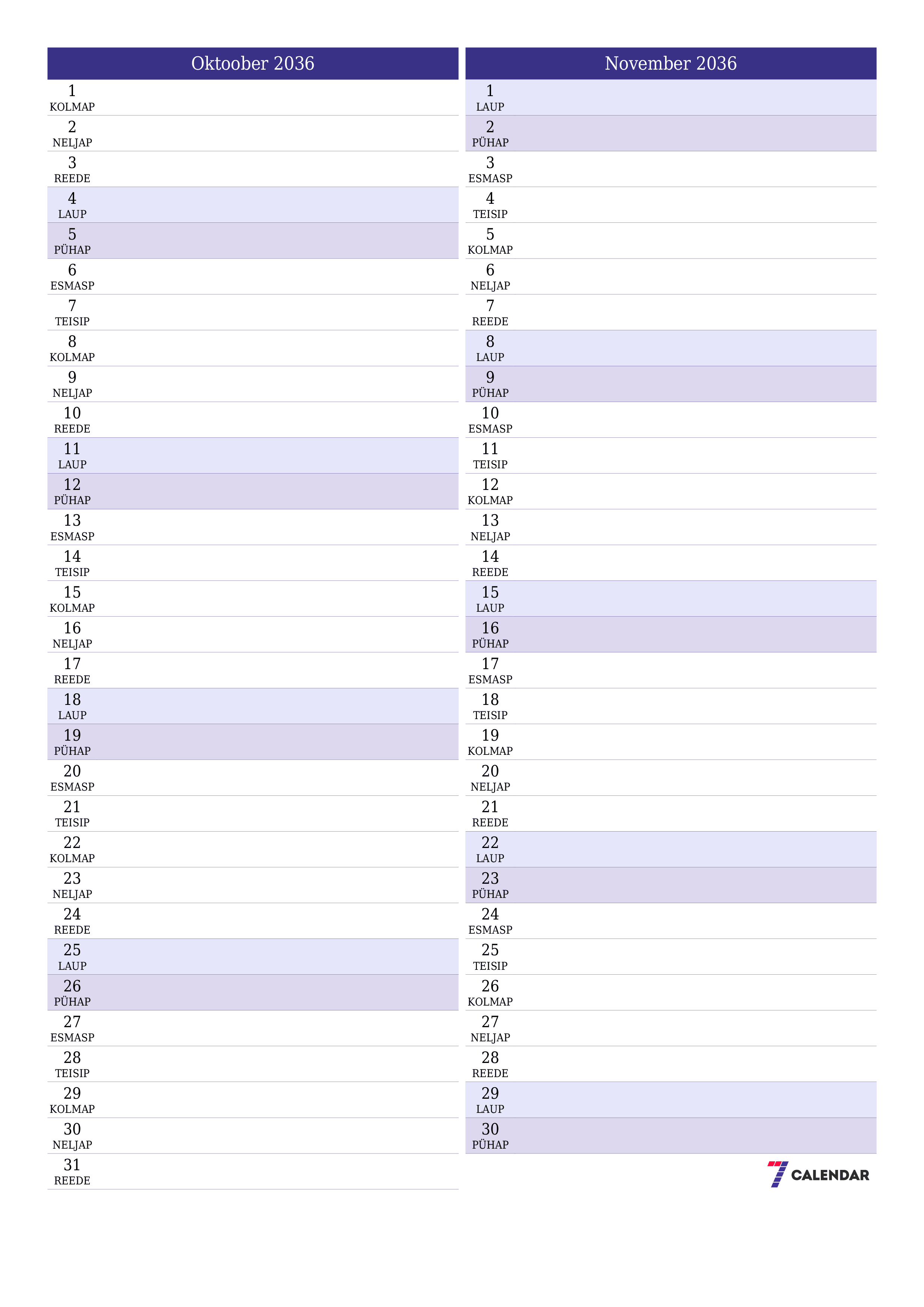 Tühjendage kuu Oktoober 2036 kuuplaneerija märkmetega, salvestage ja printige PDF-i PNG Estonian