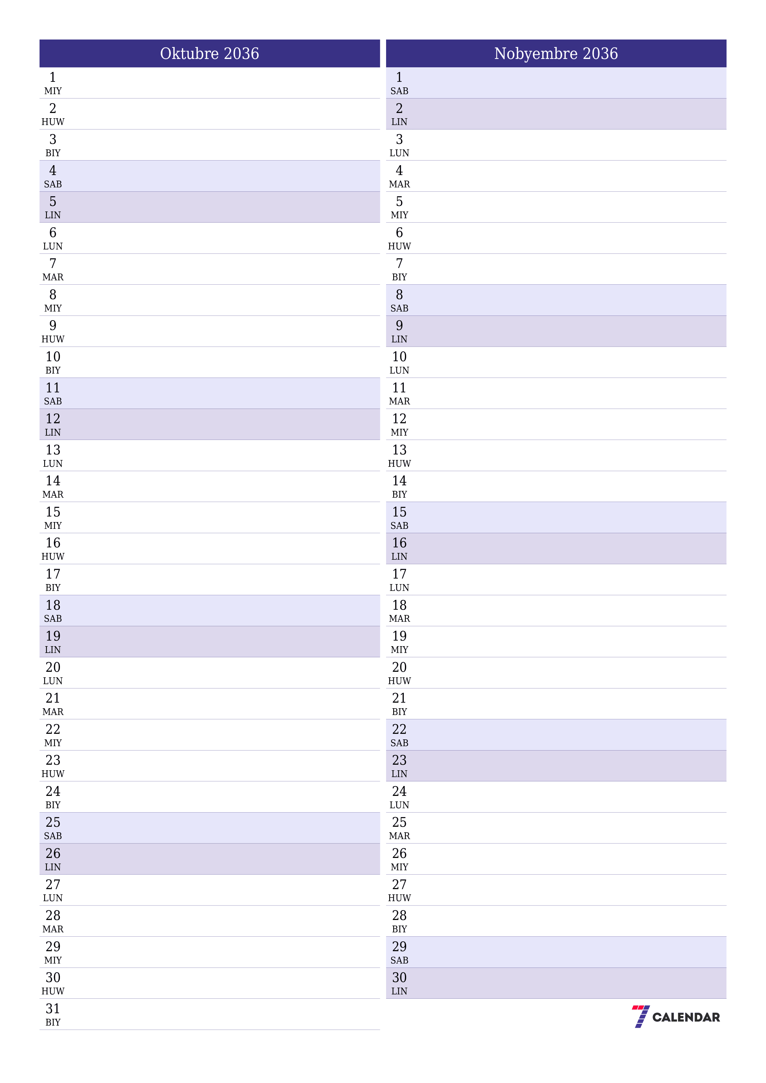 napi-print na sa dingding template ng libreng patayo Buwanang tagaplano kalendaryo Oktubre (Okt) 2036