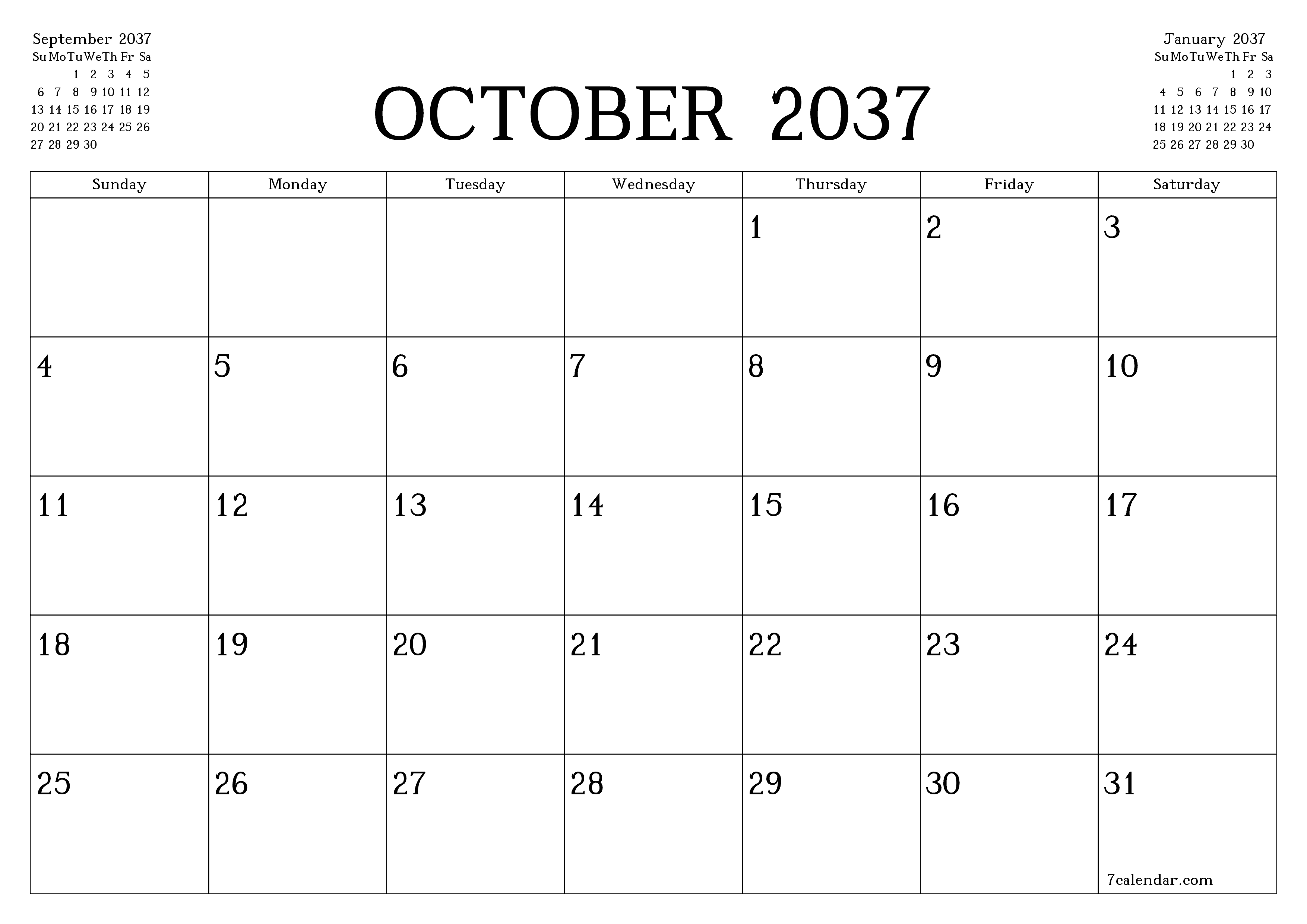 Blank calendar October 2037
