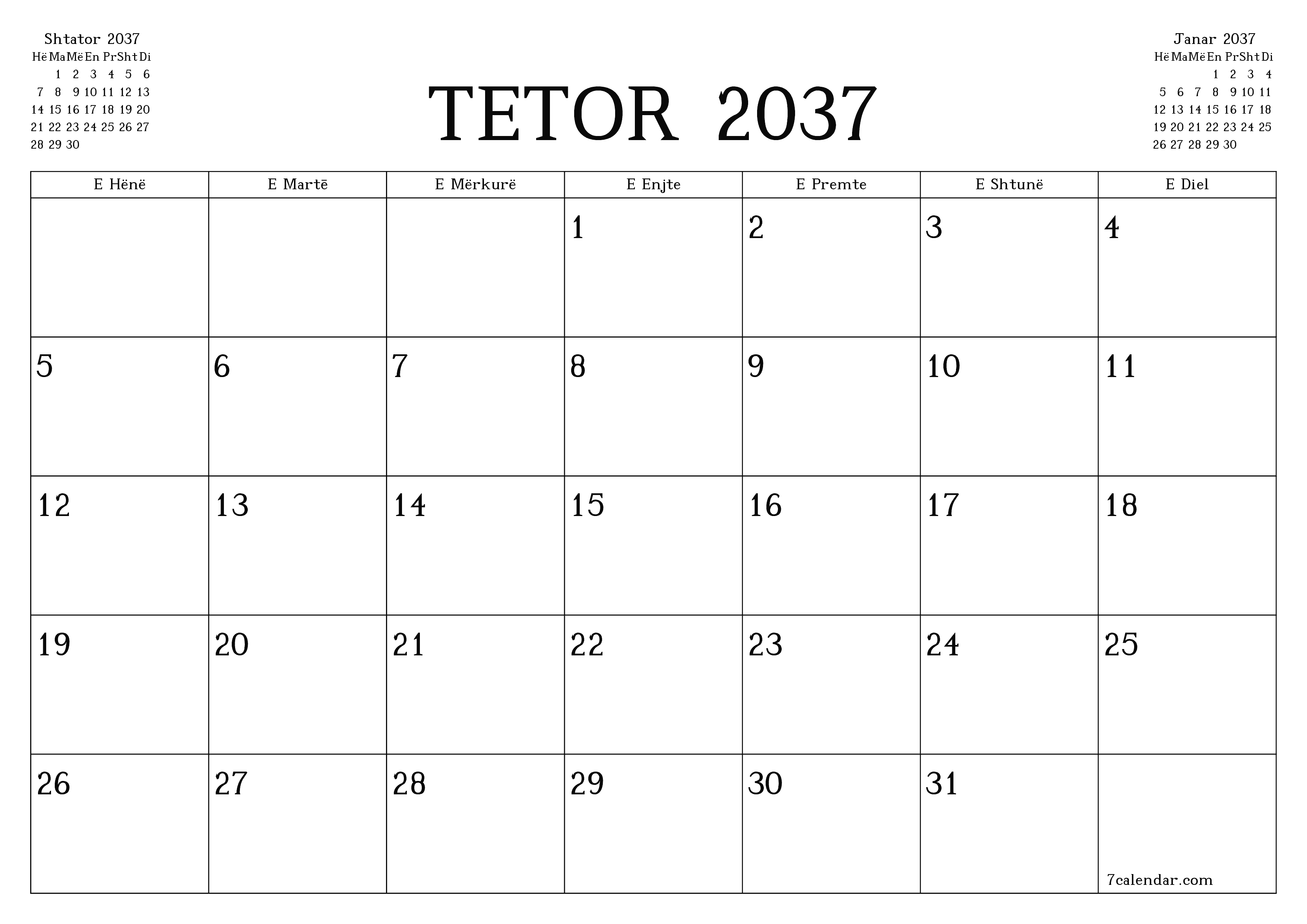 Planifikuesi i zbrazët i kalendarit mujor për muajin Tetor 2037 me shënime të ruajtura dhe të printuara në PDF PNG Albanian