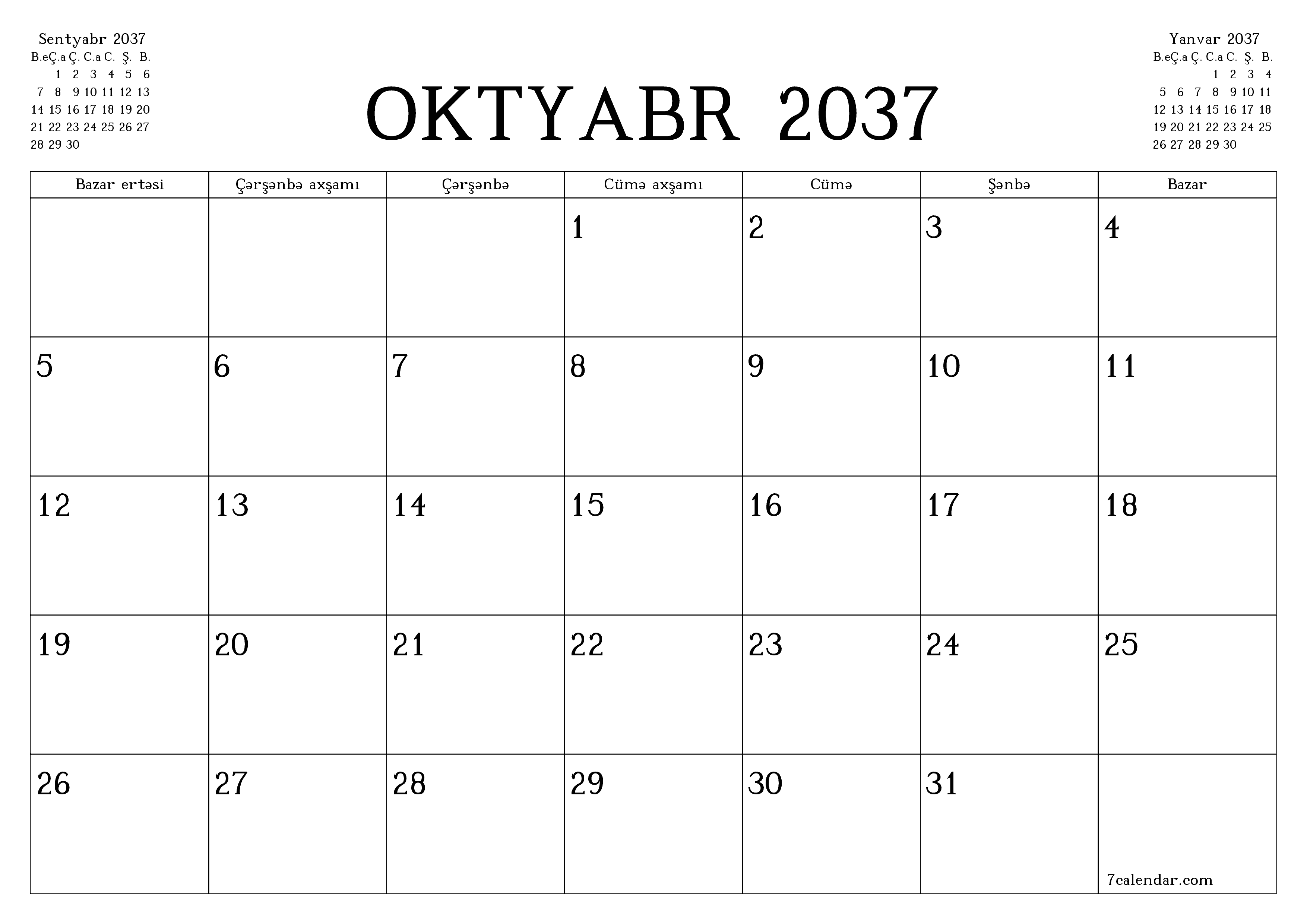 Oktyabr 2037 ayı üçün qeydlər ilə boş aylıq planlayıcı, qeyd edin və PDF-ə yazdırın PNG Azerbaijani