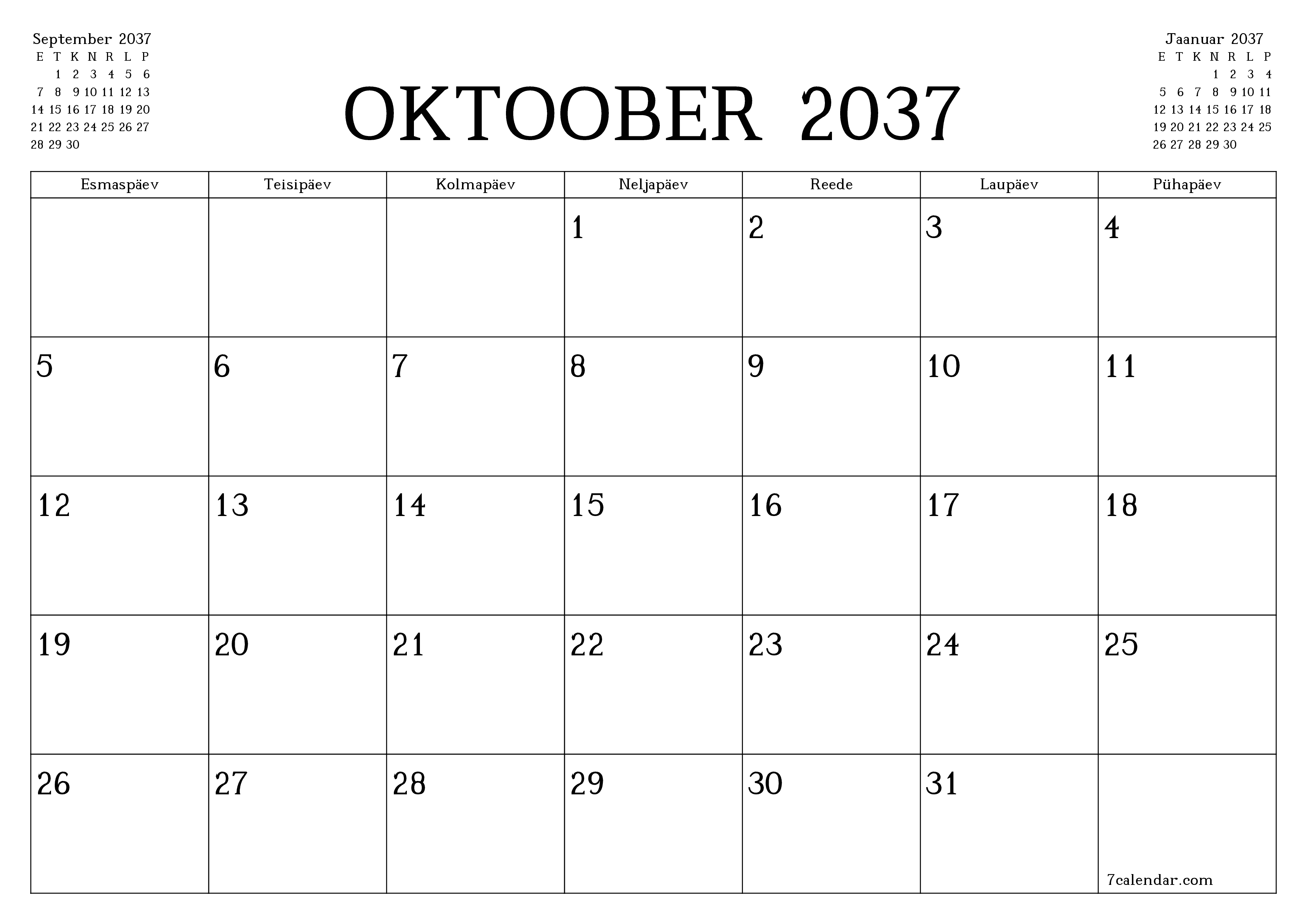Tühjendage kuu Oktoober 2037 kuuplaneerija märkmetega, salvestage ja printige PDF-i PNG Estonian