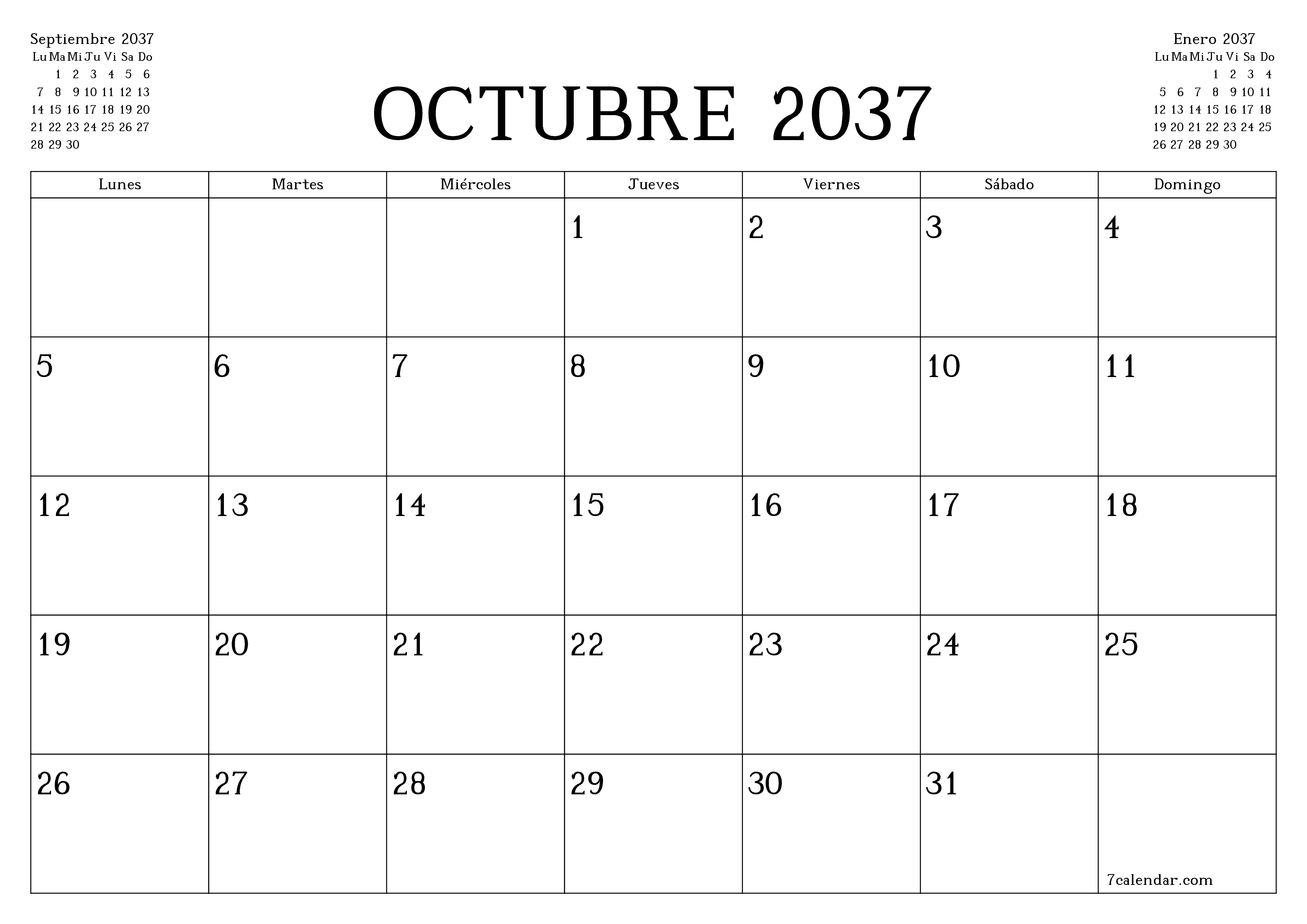 Planificador mensual vacío para el mes Octubre 2037 con notas, guardar e imprimir en PDF PNG Spanish