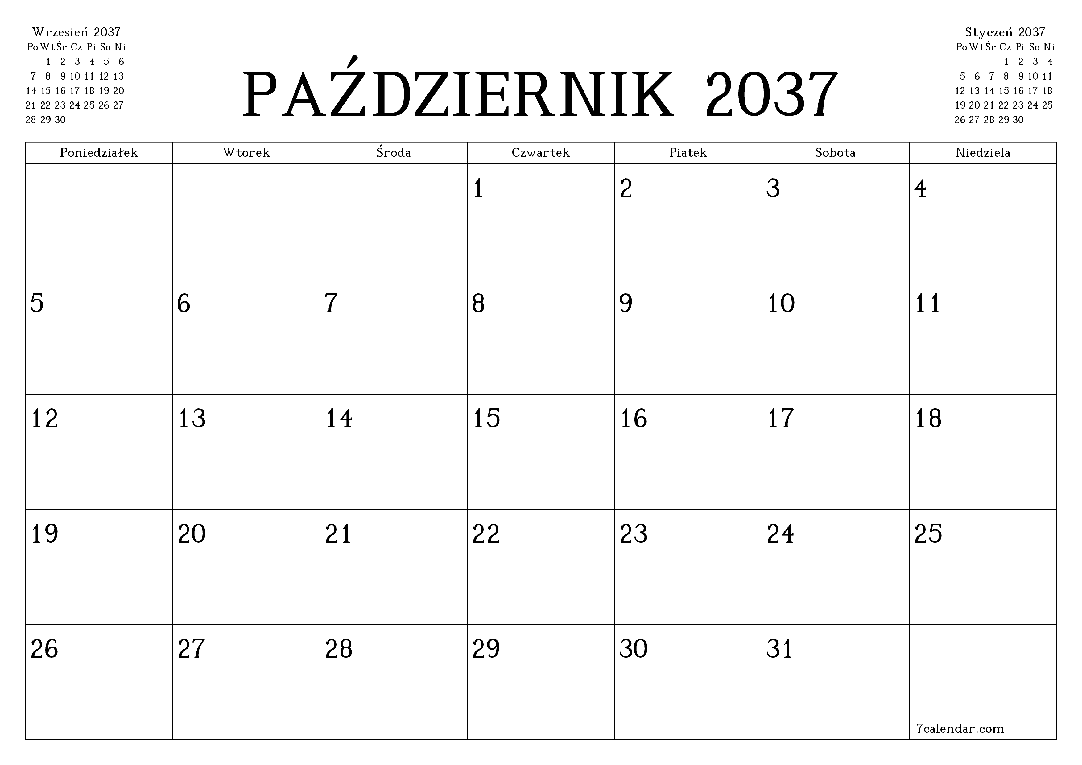 Opróżnij miesięczny planer na miesiąc Październik 2037 z notatkami, zapisz i wydrukuj w formacie PDF PNG Polish
