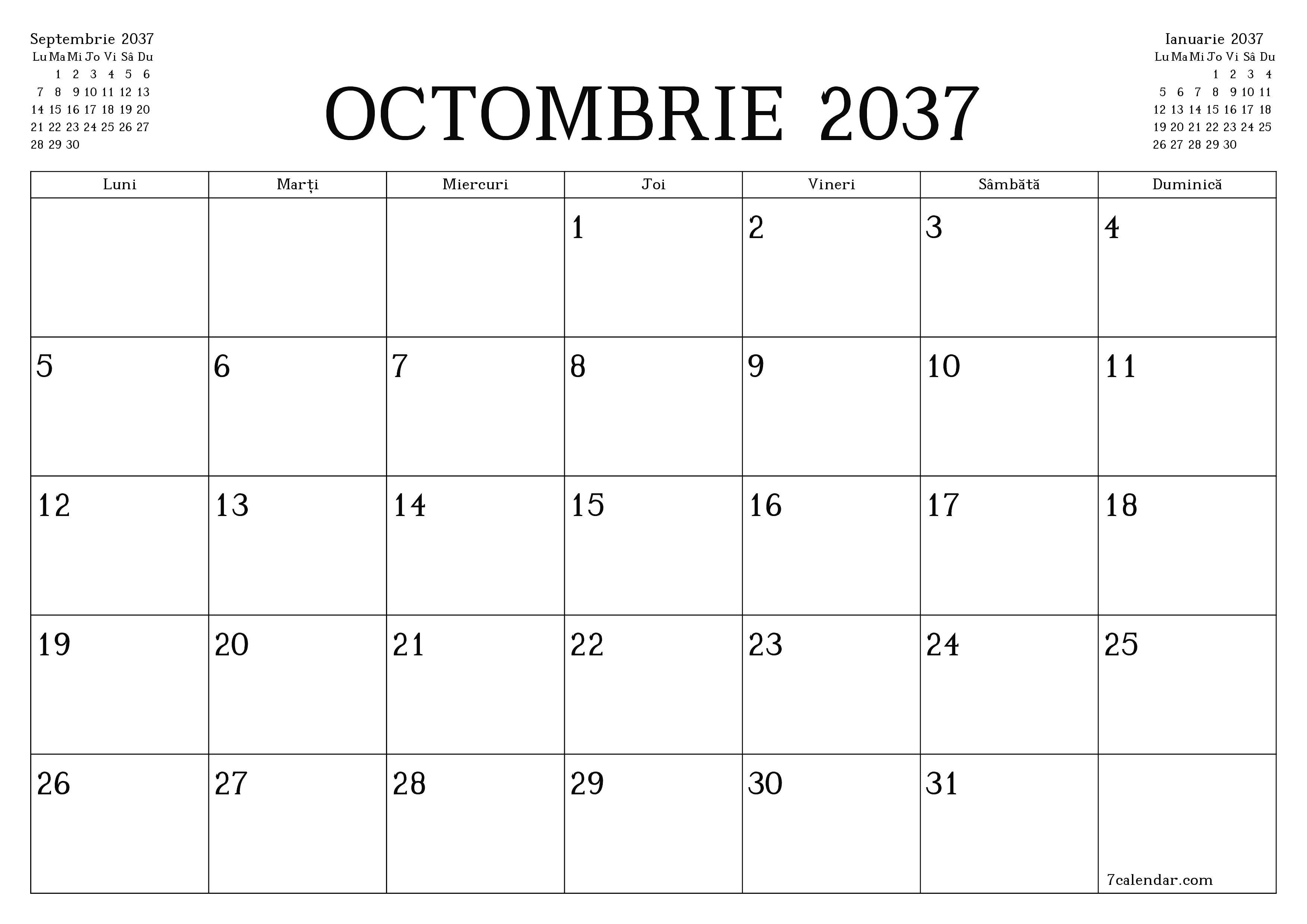Planificator lunar gol pentru luna Octombrie 2037 cu note, salvați și tipăriți în PDF PNG Romanian