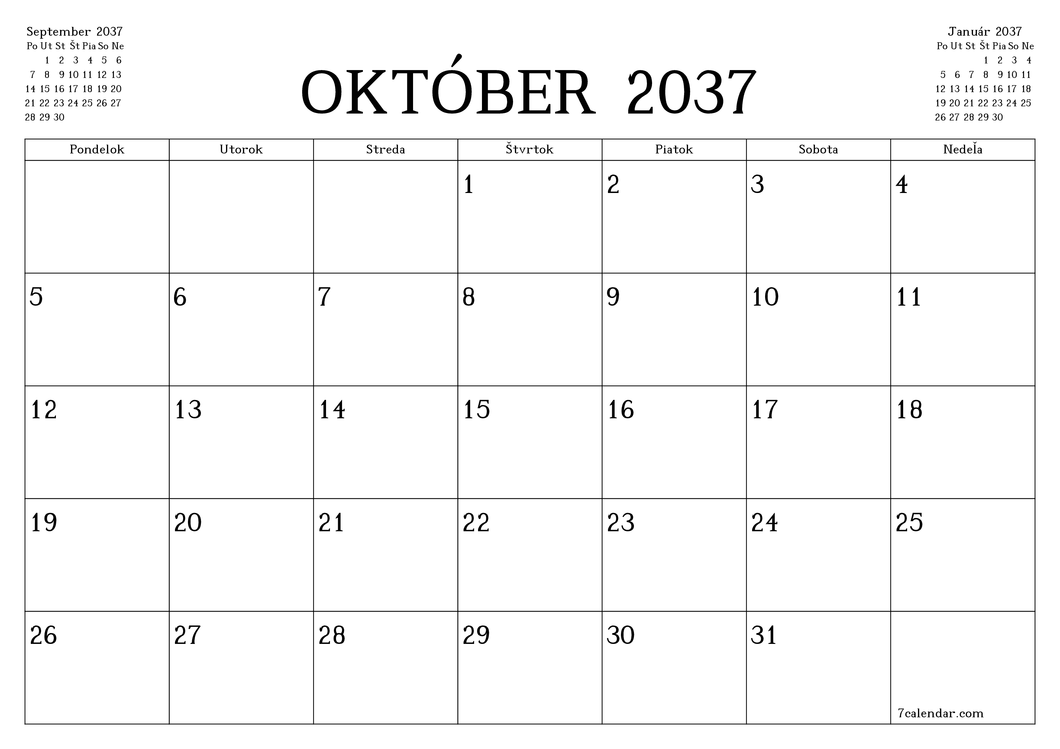 Prázdny mesačný plánovač na mesiac Október 2037 s poznámkami, uloženie a tlač do PDF PNG Slovak