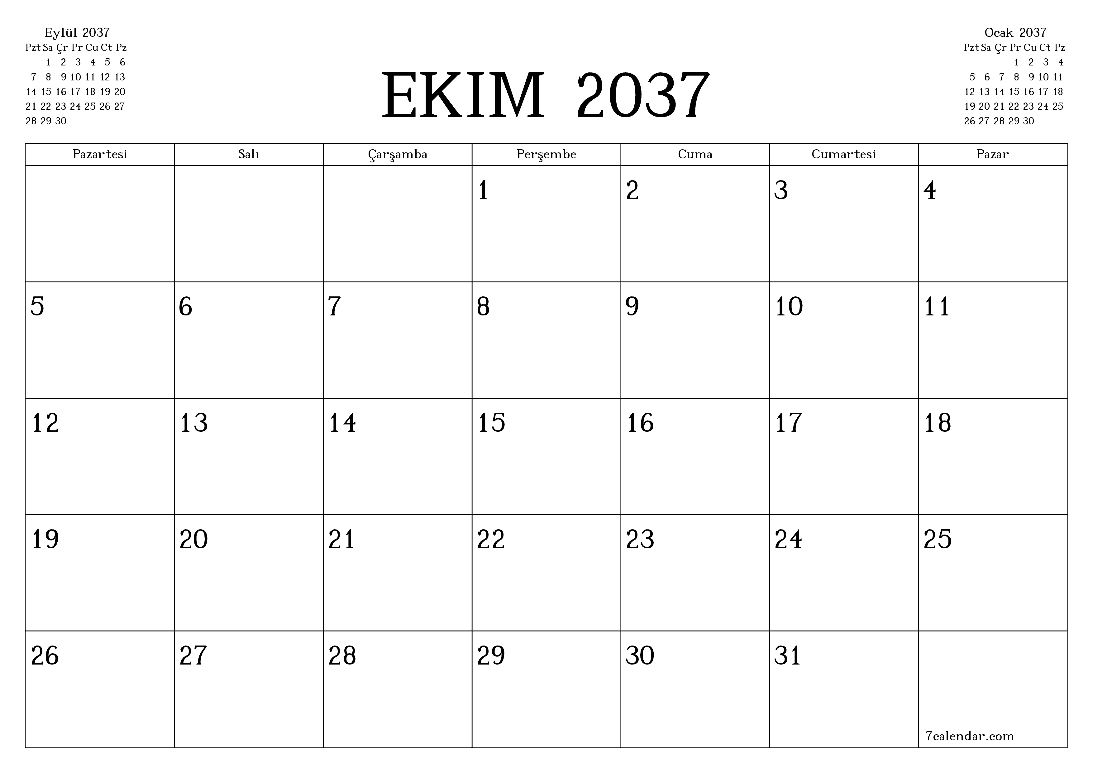 Ekim 2037 ayı için notlarla birlikte boş aylık planlayıcı, kaydedin ve PDF'ye yazdırın PNG Turkish